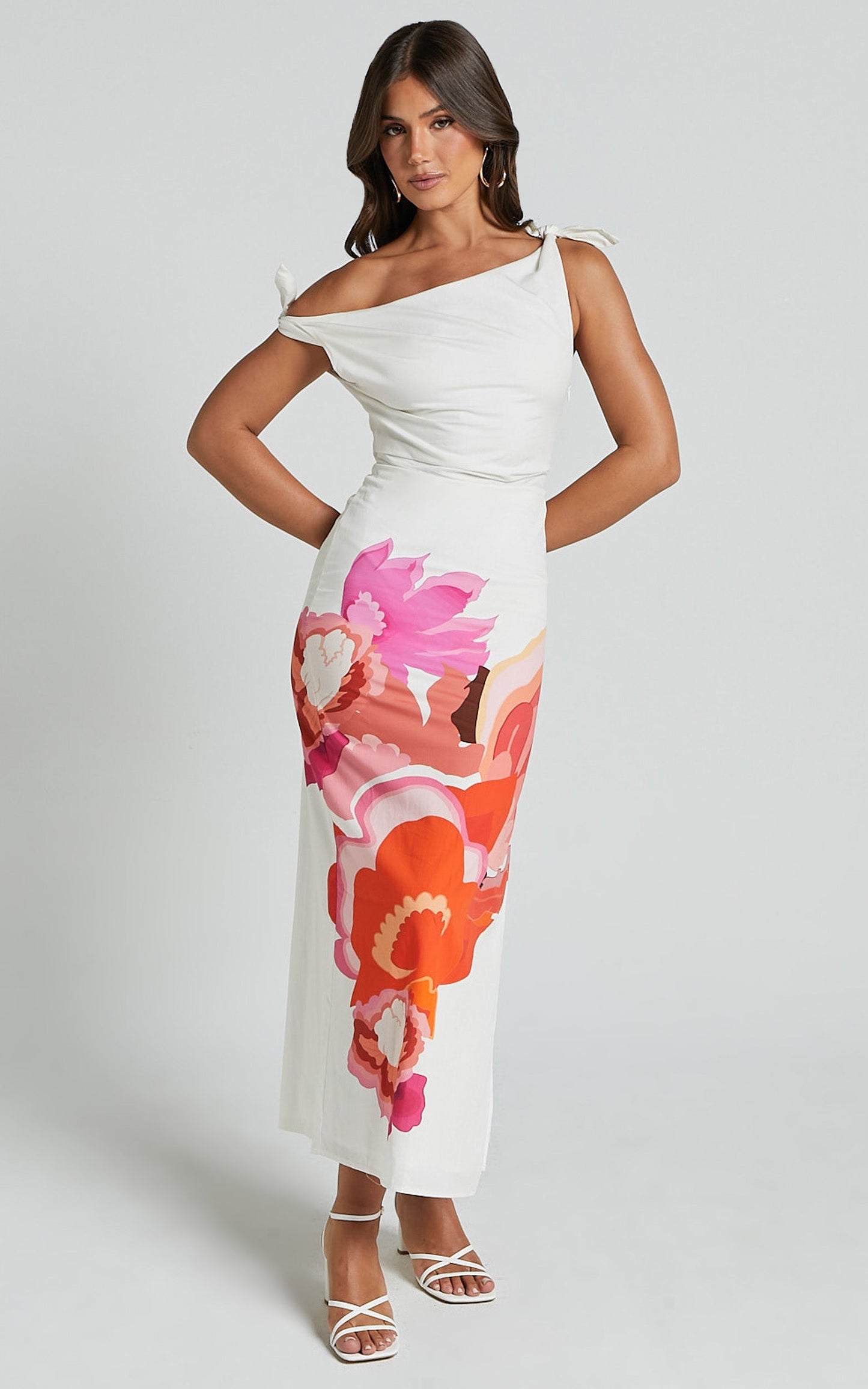 Khizza MIDI DRESS - OFF THE SHOULDER SIDE SPLIT COLUMN DRESS in Pink and Red Print