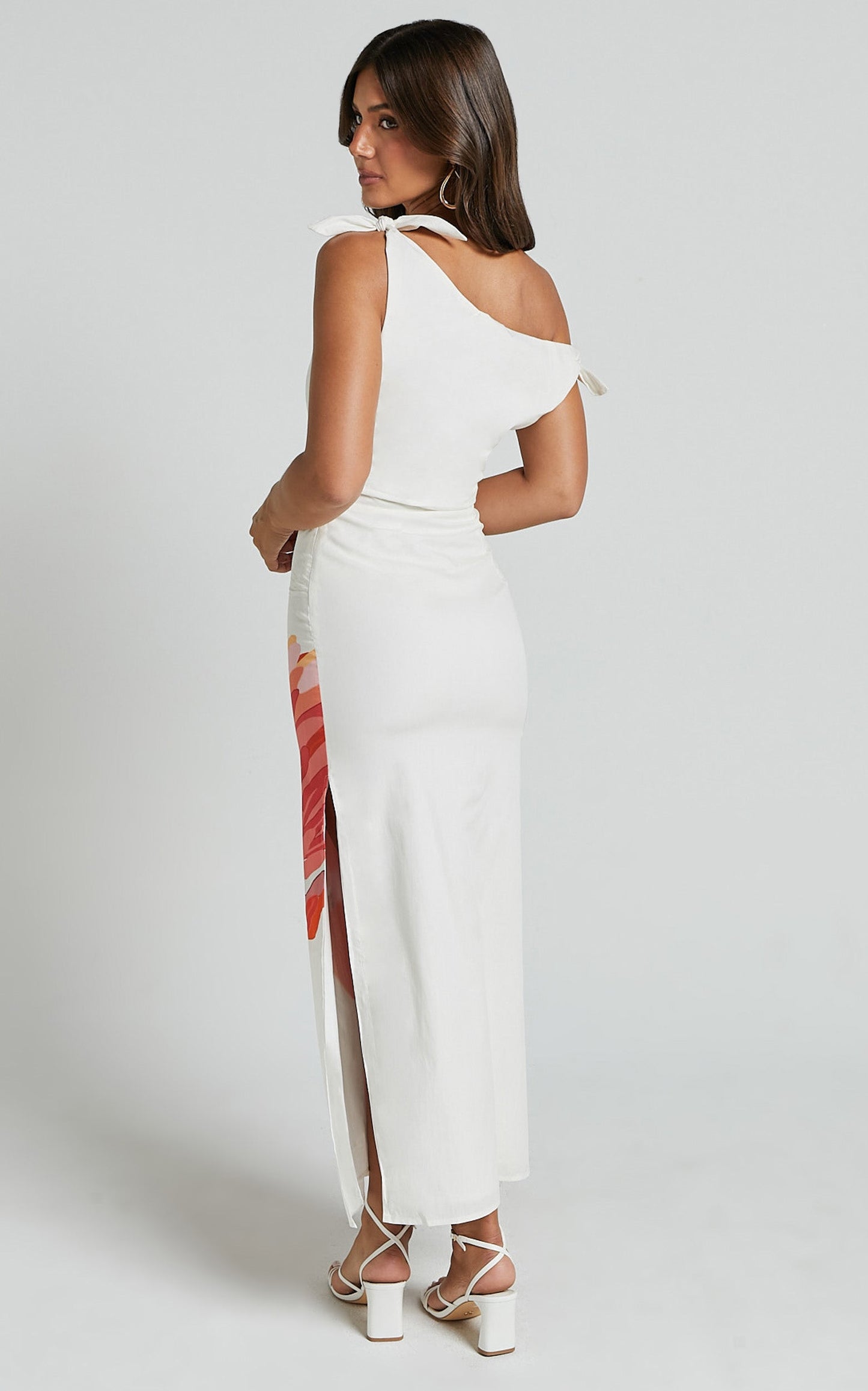 Khizza MIDI DRESS - OFF THE SHOULDER SIDE SPLIT COLUMN DRESS in Pink and Red Print