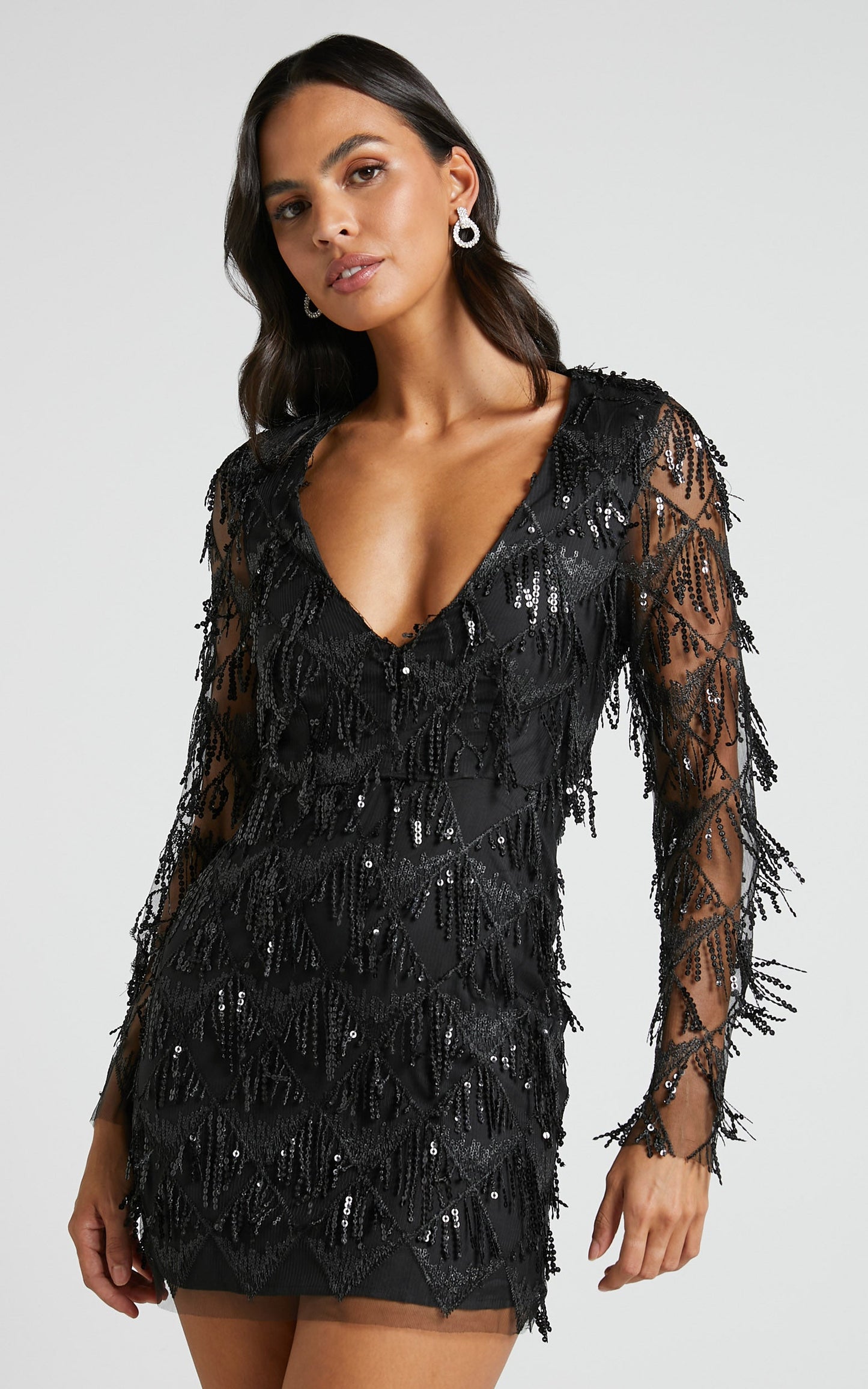Khrizza Mini Dress - Sequin Diamond Mesh Long Sleeve Dress in Black