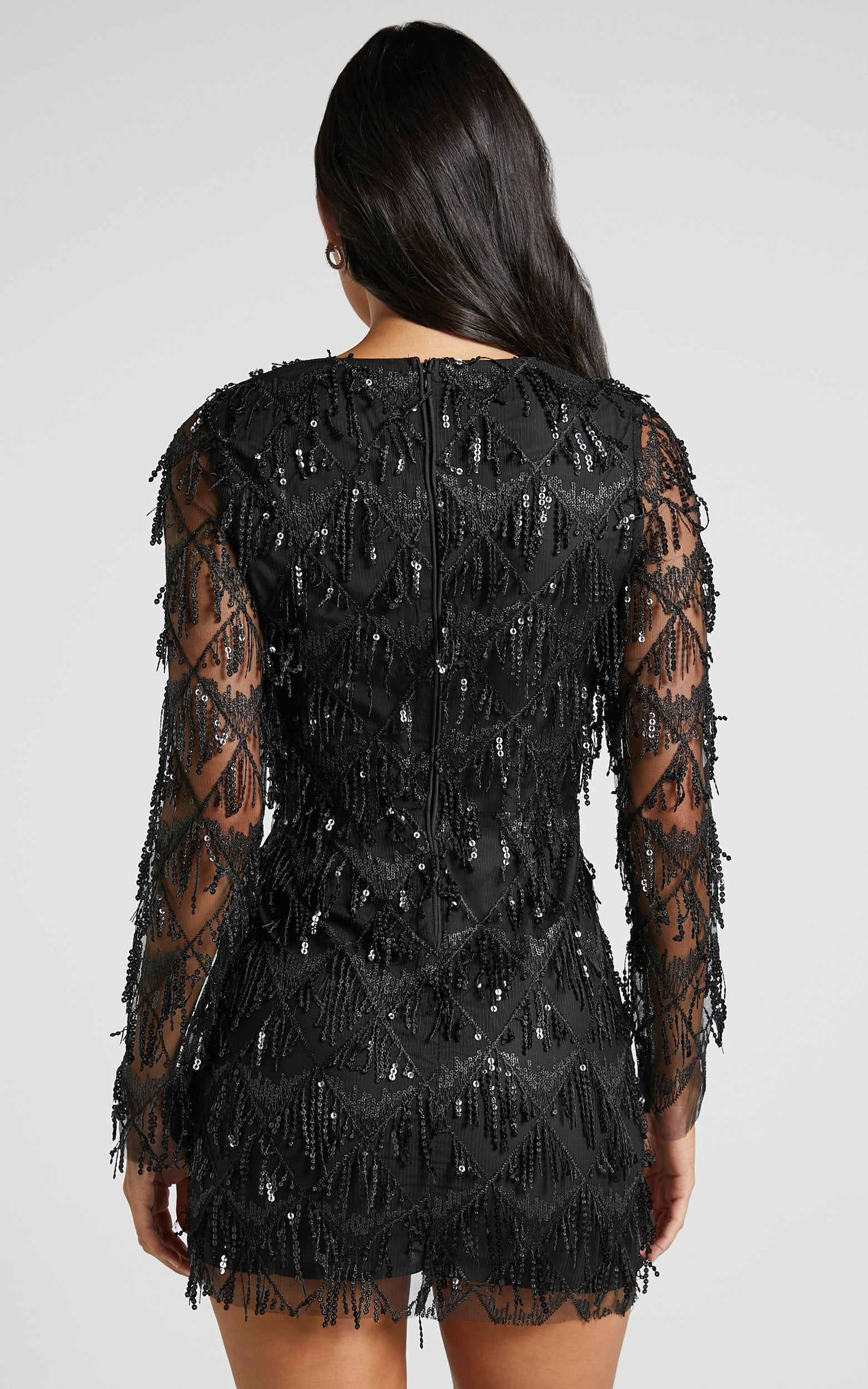 Khrizza Mini Dress - Sequin Diamond Mesh Long Sleeve Dress in Black