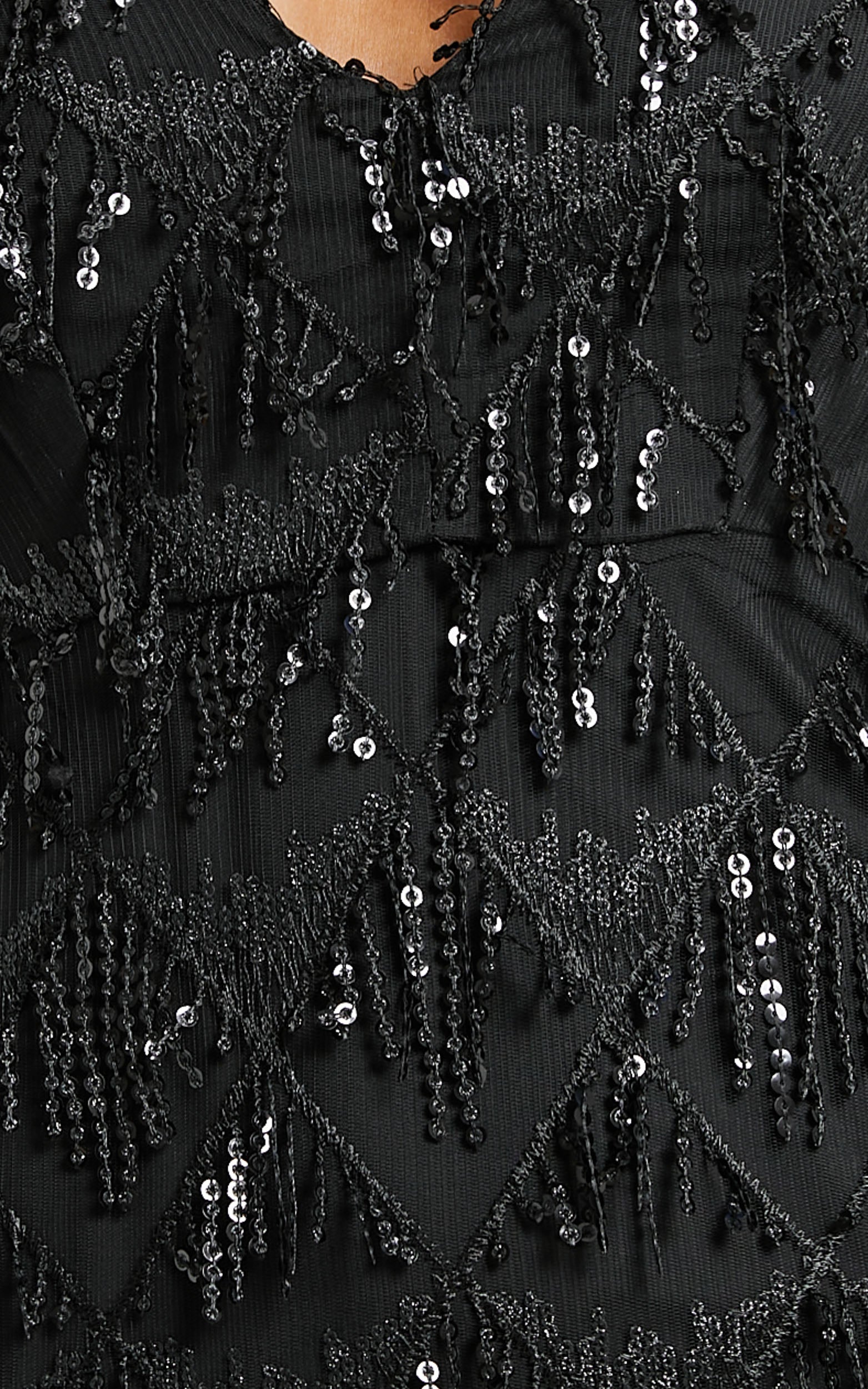 Khrizza Mini Dress - Sequin Diamond Mesh Long Sleeve Dress in Black