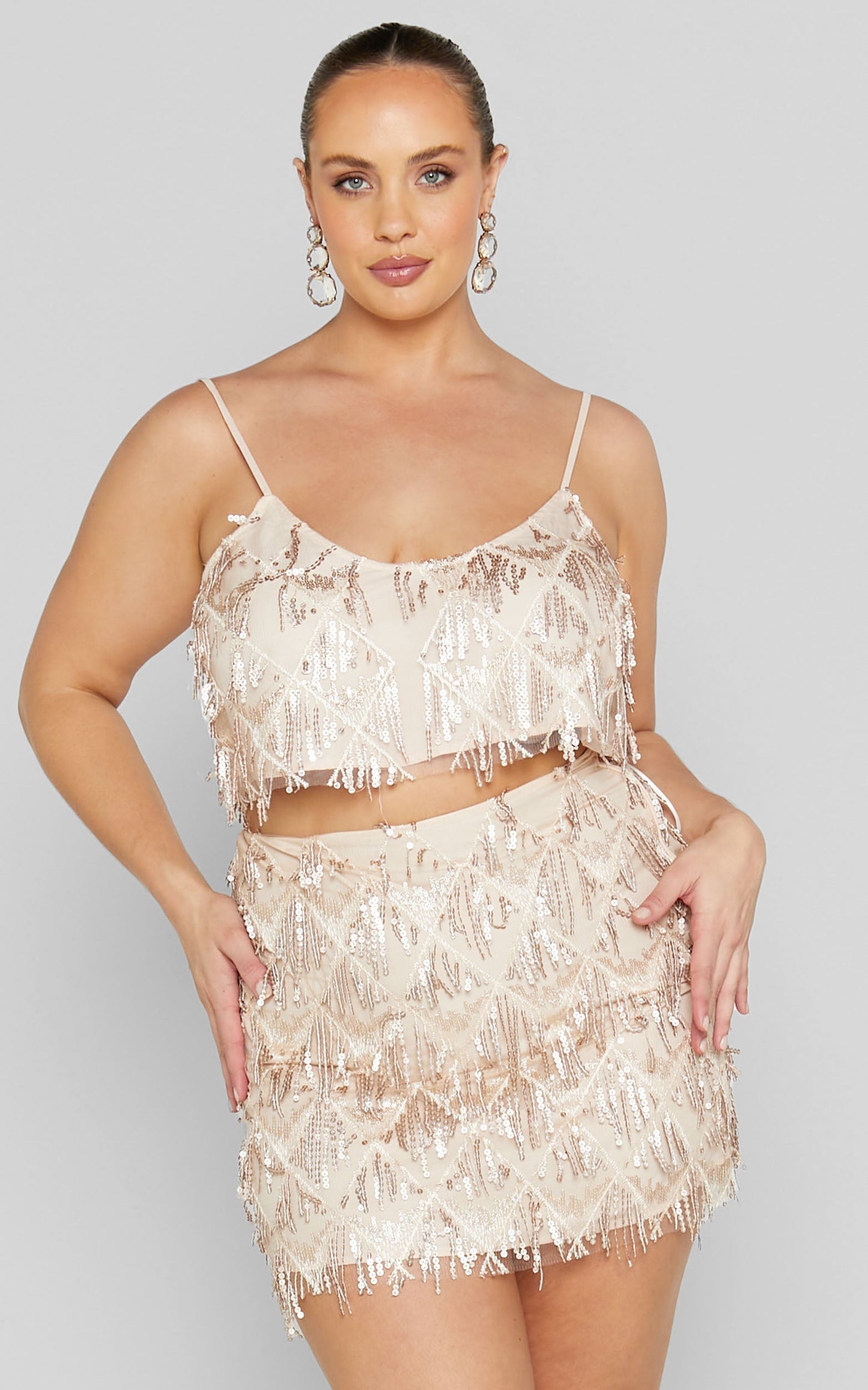Khrizza Top - Sequin Diamond Mesh Cropped Cami Top in Gold
