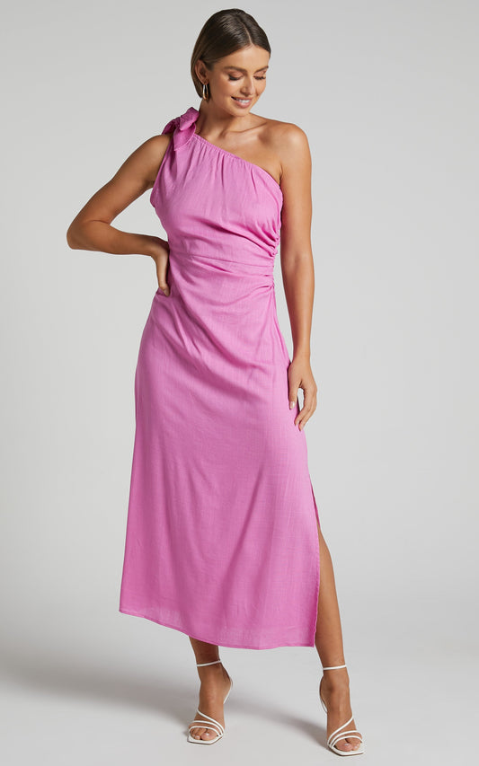 Kiada Maxi Dress - Linen Look One Shoulder Gathered Dress in Orchid