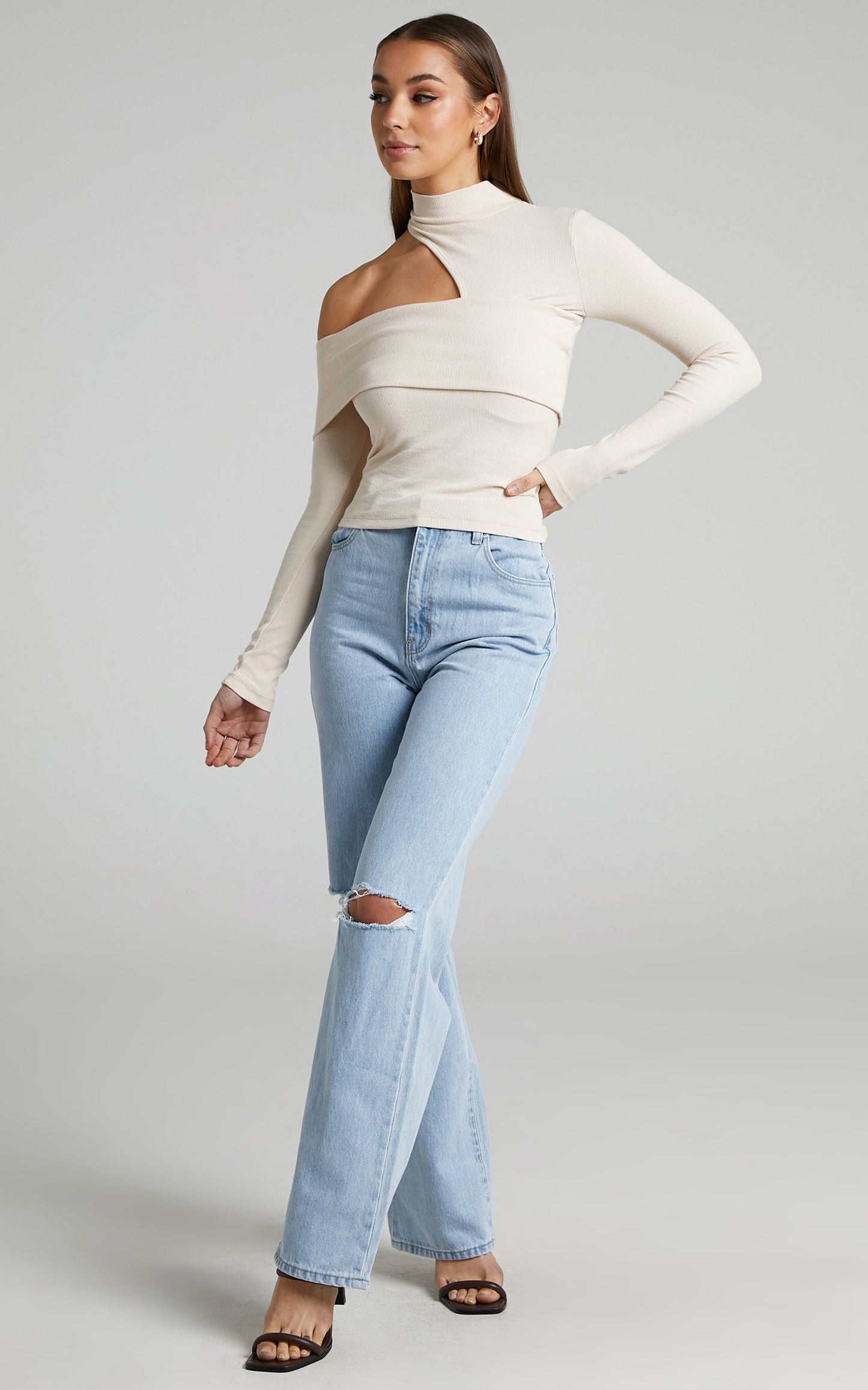 Kiefer Top - Asymmetric Long Sleeve Cutout Top in Cream