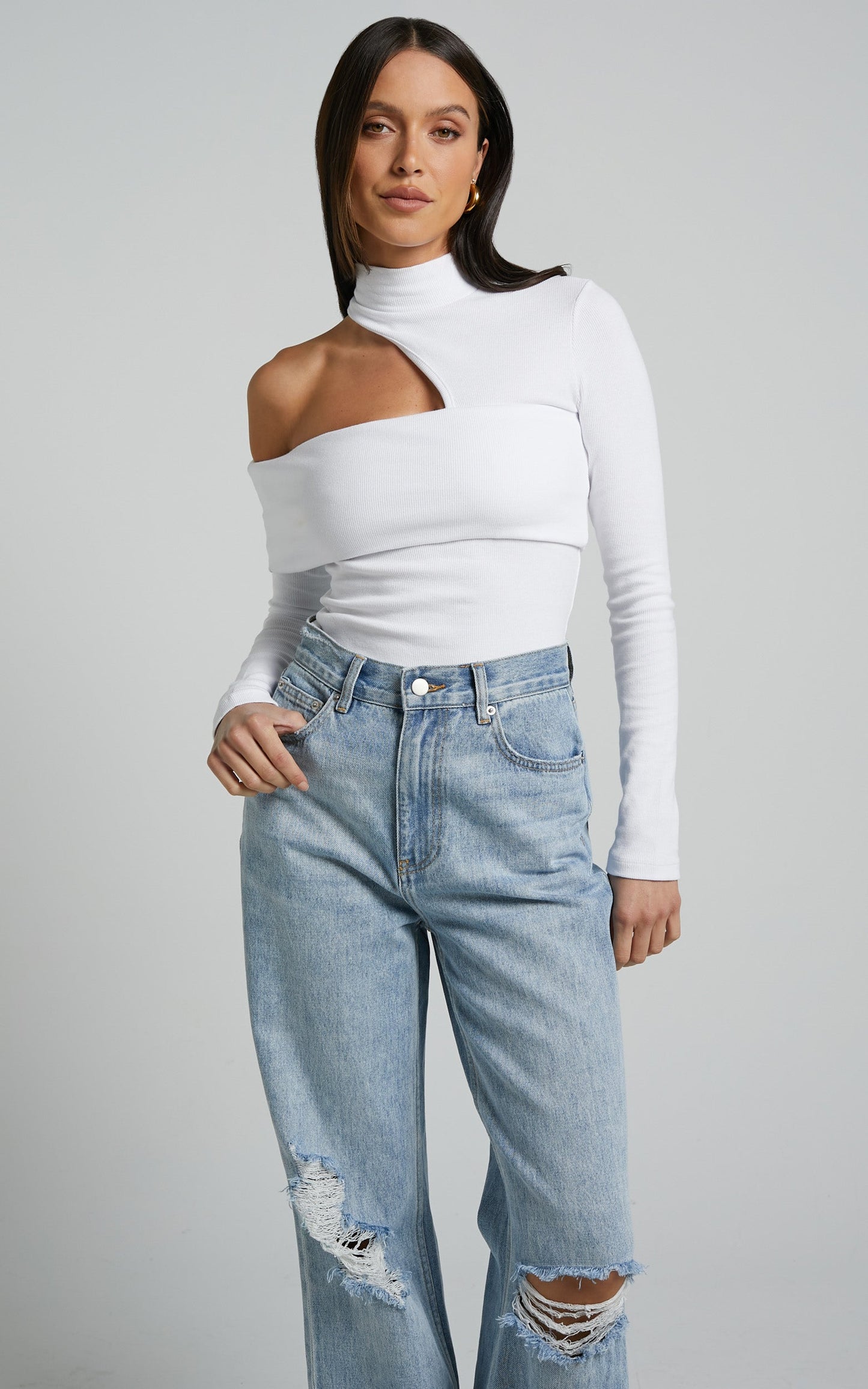 Kiefer Top - Asymmetric Long Sleeve Cutout Top in White