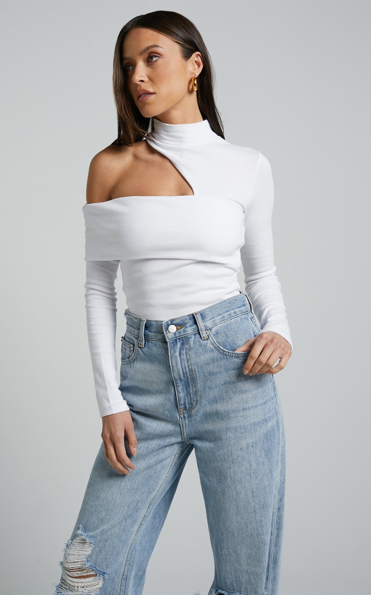 Kiefer Top - Asymmetric Long Sleeve Cutout Top in White