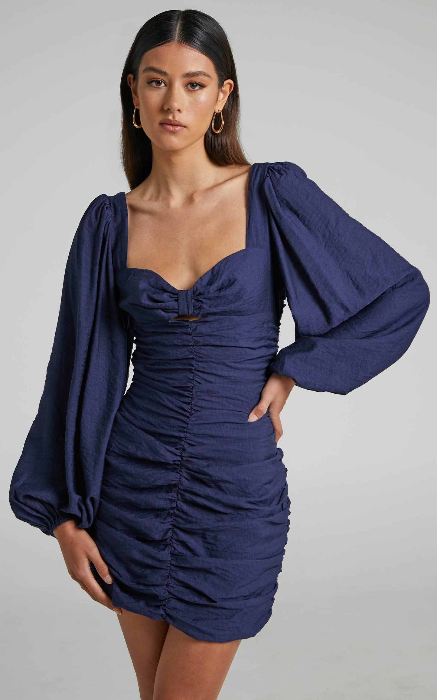 Kilian Mini Dress - Ruched Long Sleeve Dress in Navy