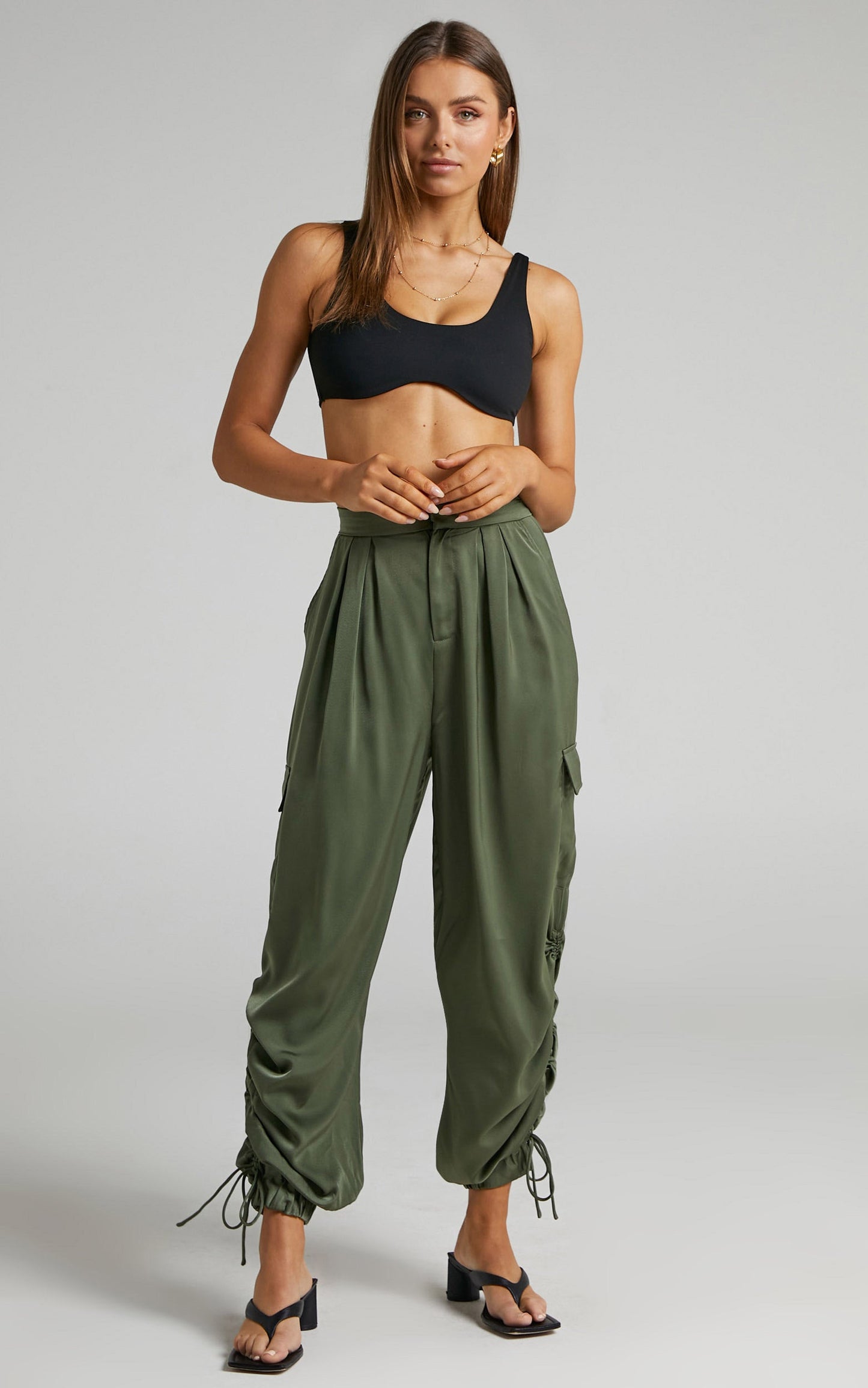Kimme Ruched Satin Cargo Pants in Khaki