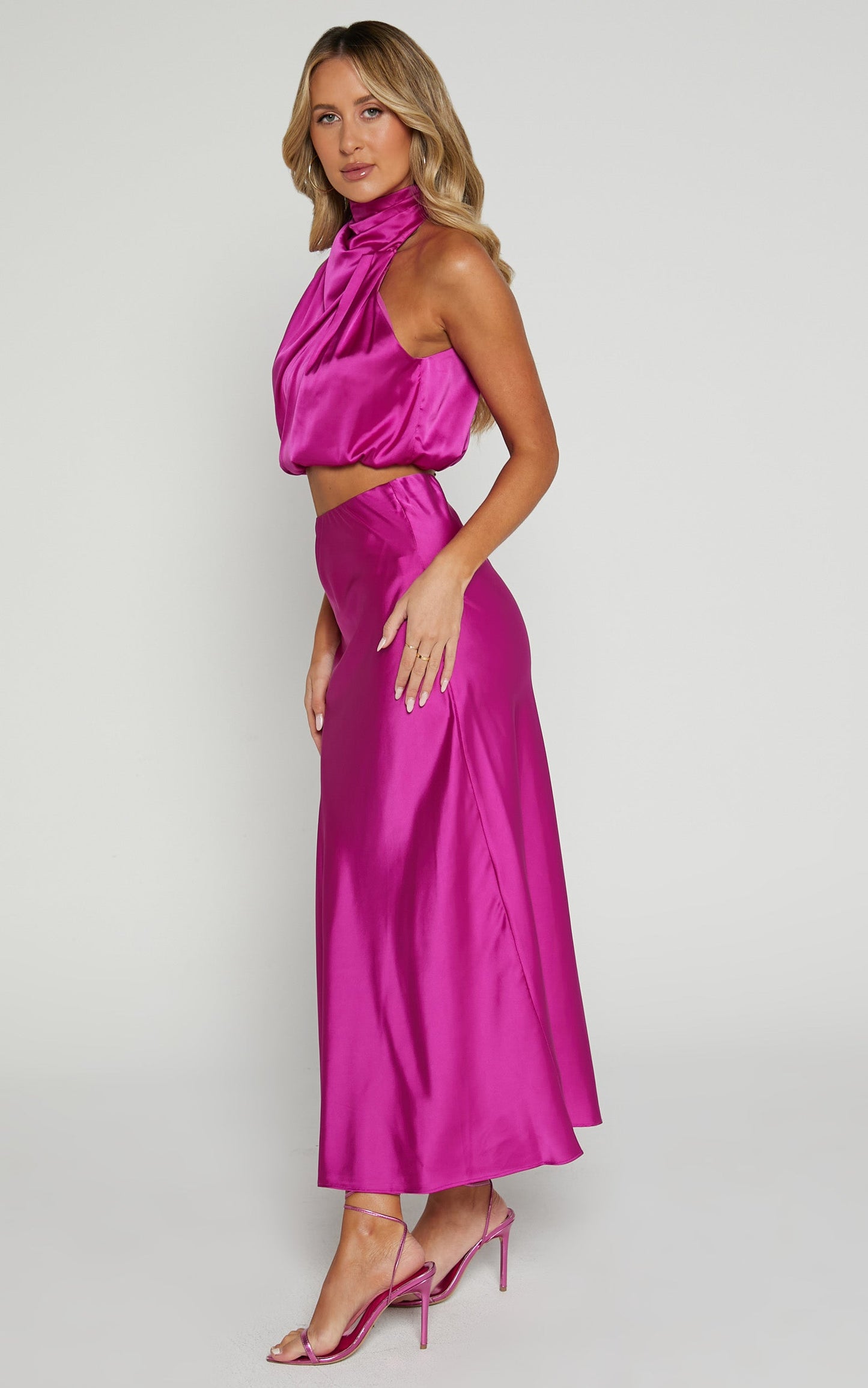 Kimora Two Piece Set - Halter Neck Top and High Waisted Skirt Two Piece Set in Magenta