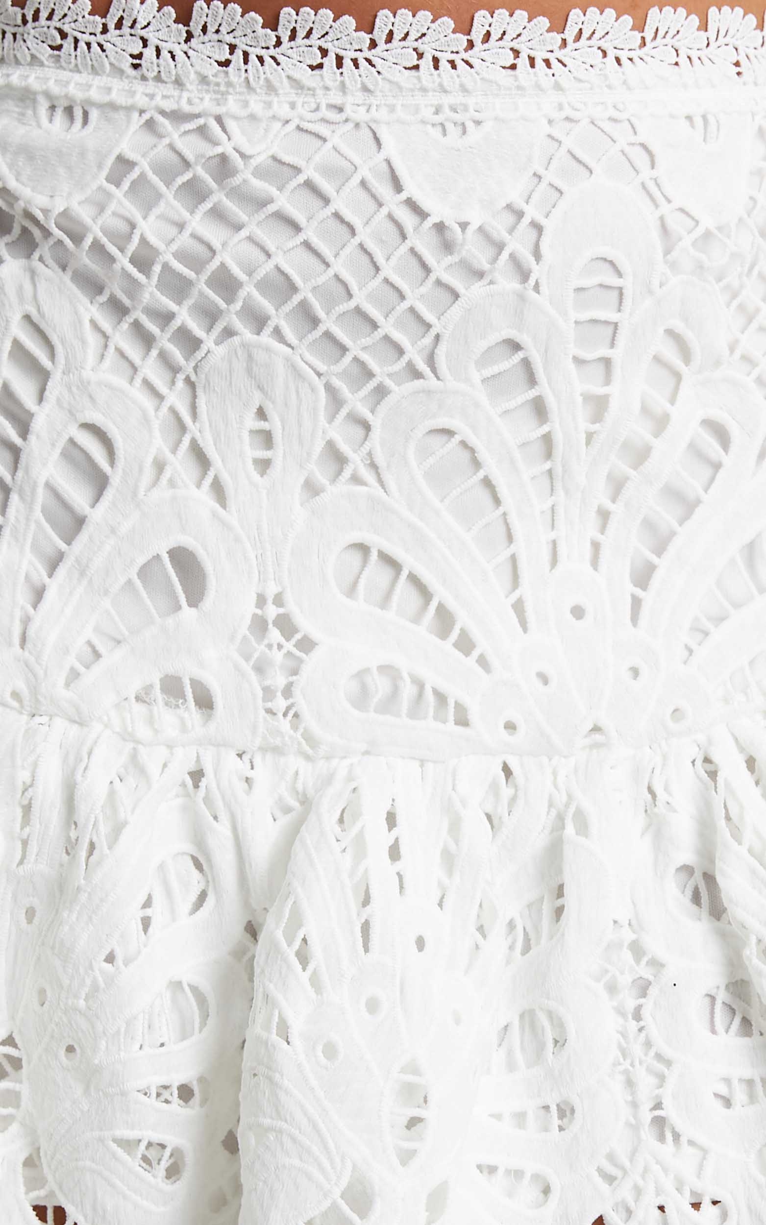 Kiss Me Softly Long Sleeve Crop Top and Mini Skirt Two Piece Set in White Lace