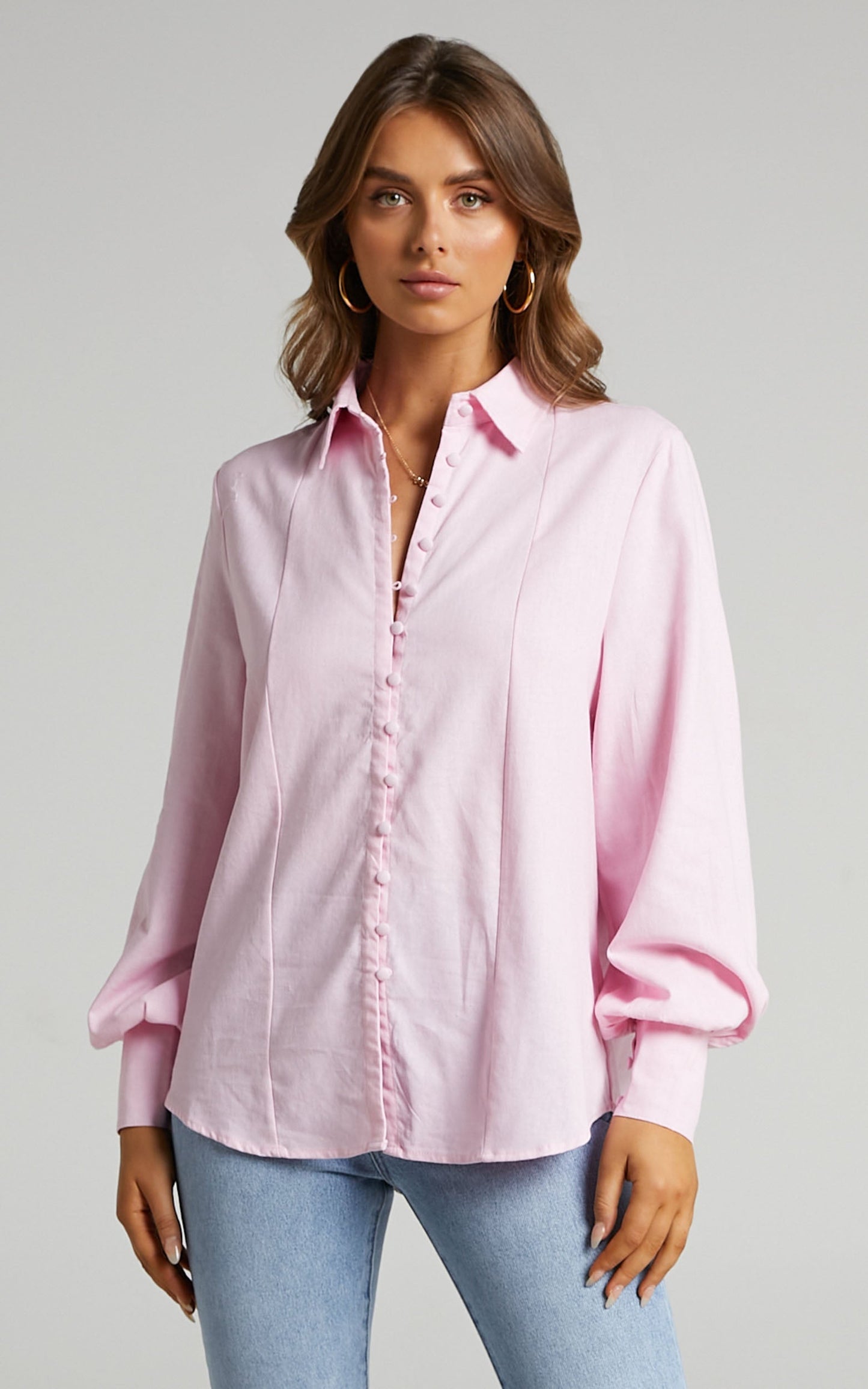Kiva Blouse - Linen Long Sleeve Button Up Blouse in Baby Pink