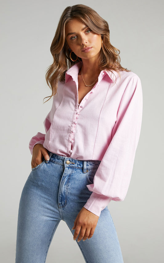 Kiva Blouse - Linen Long Sleeve Button Up Blouse in Baby Pink