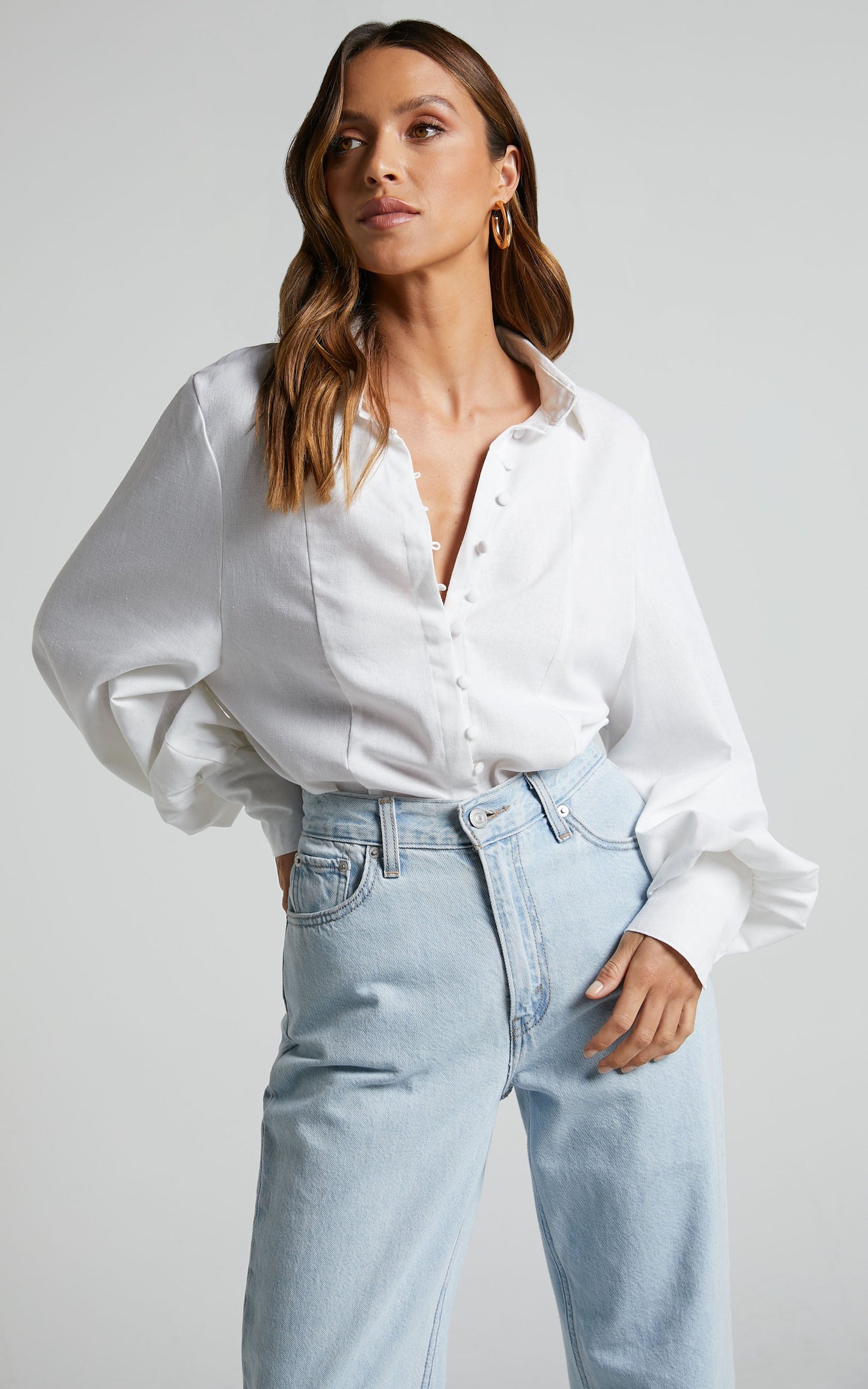 Kiva Blouse - Linen Long Sleeve Button Up Blouse in White