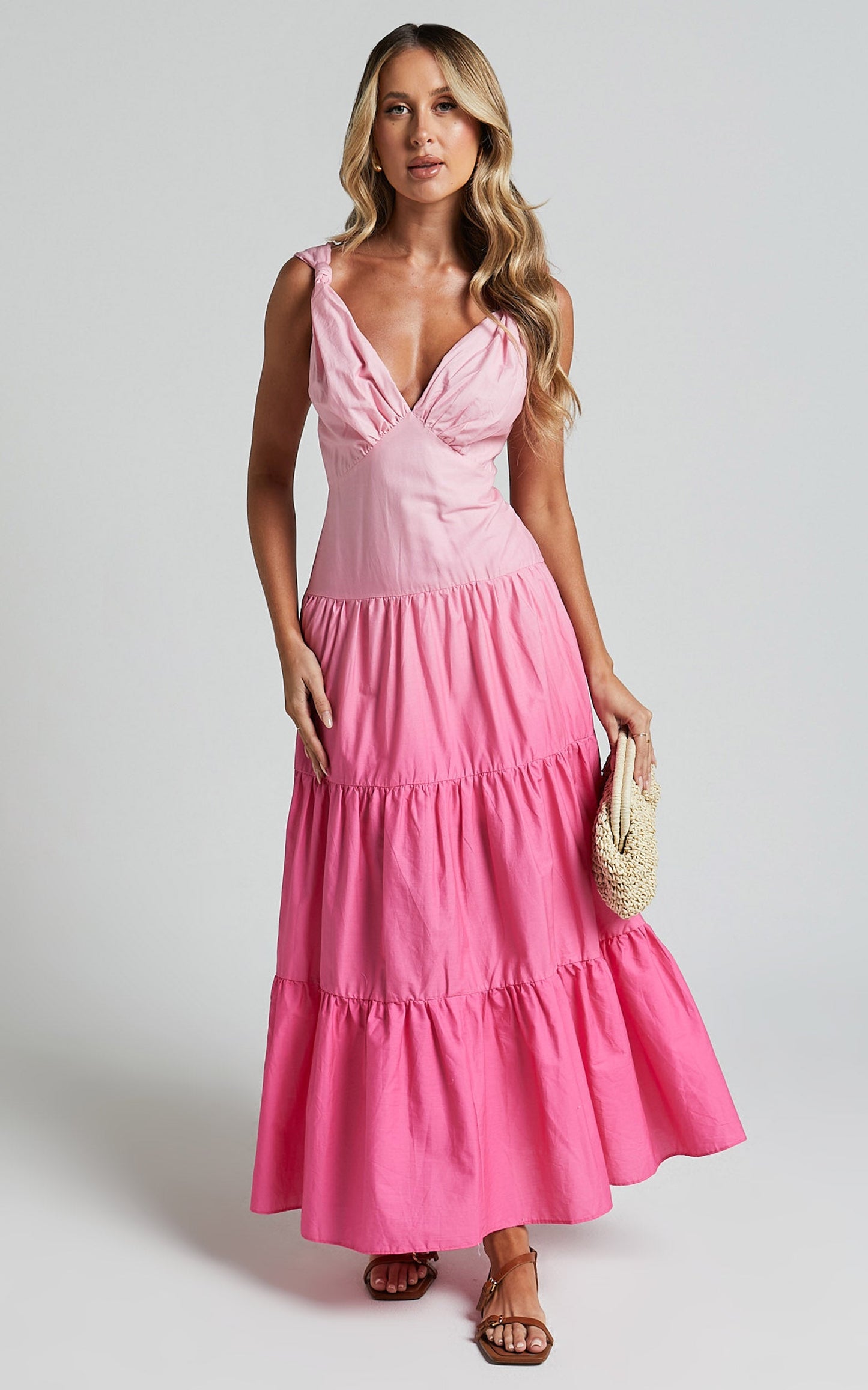 Kolton Midi Dress - Deep V Neck Tiered Dress in Pink Ombre