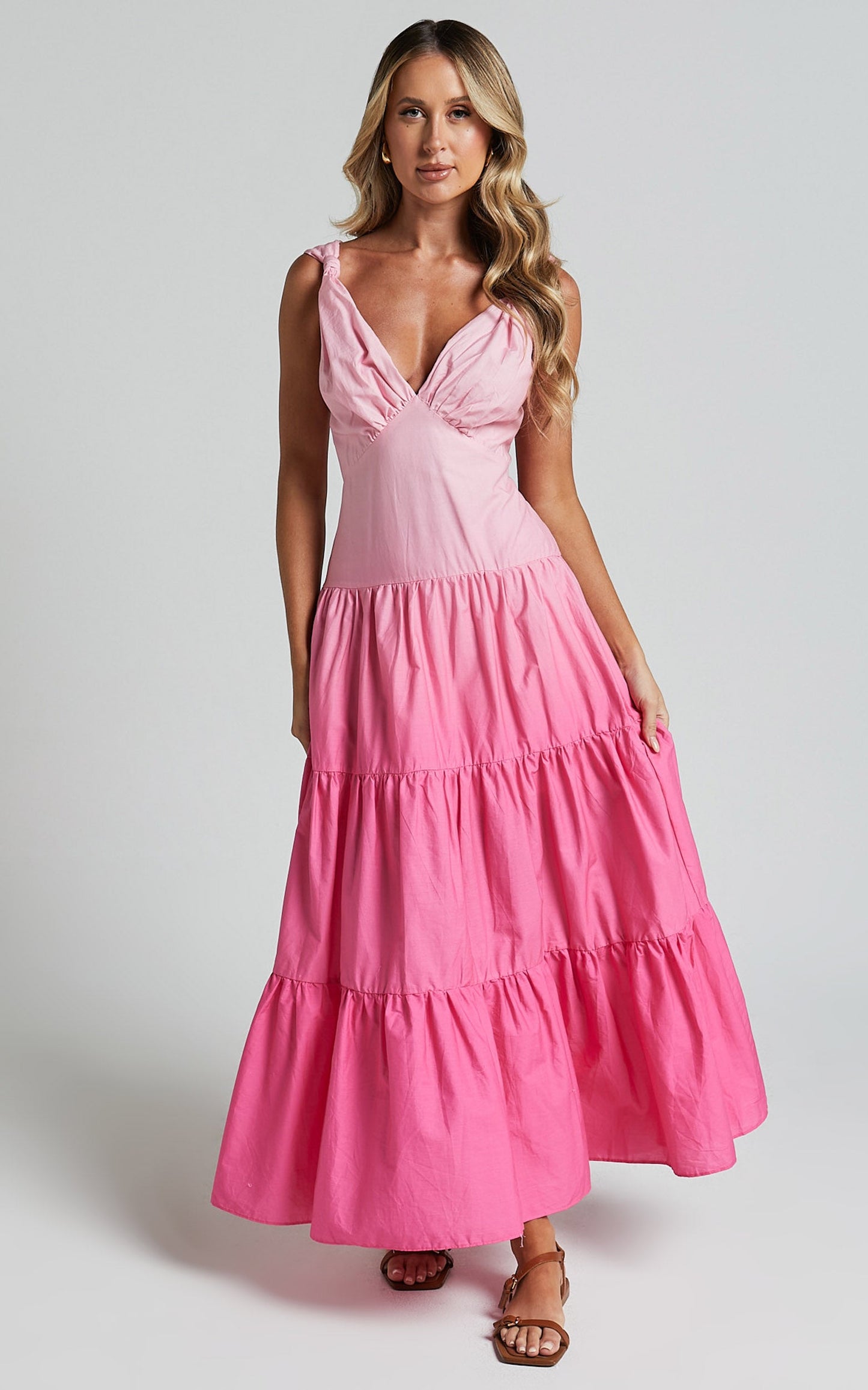 Kolton Midi Dress - Deep V Neck Tiered Dress in Pink Ombre