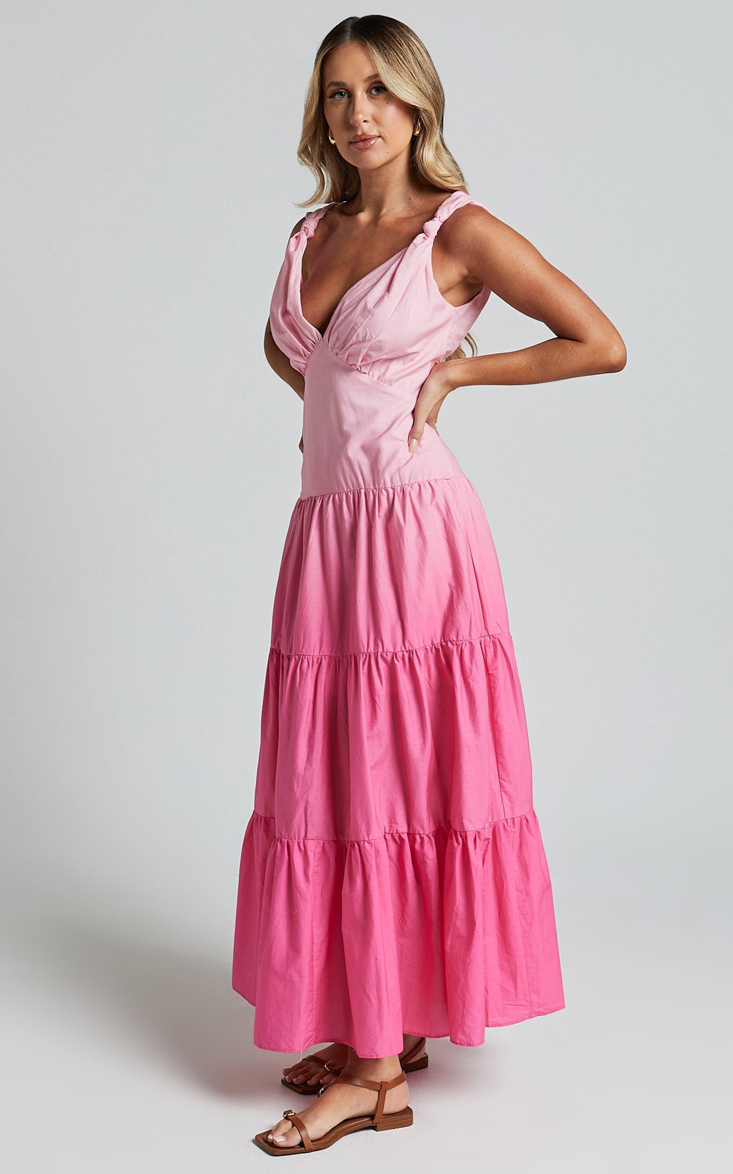 Kolton Midi Dress - Deep V Neck Tiered Dress in Pink Ombre