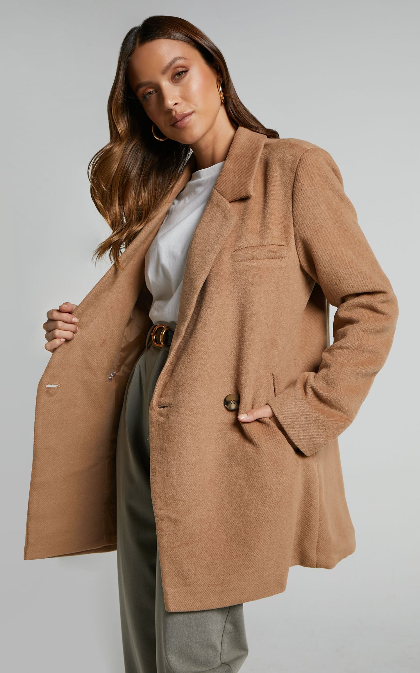 Kora Coat - Oversized Button Up Coat in Camel