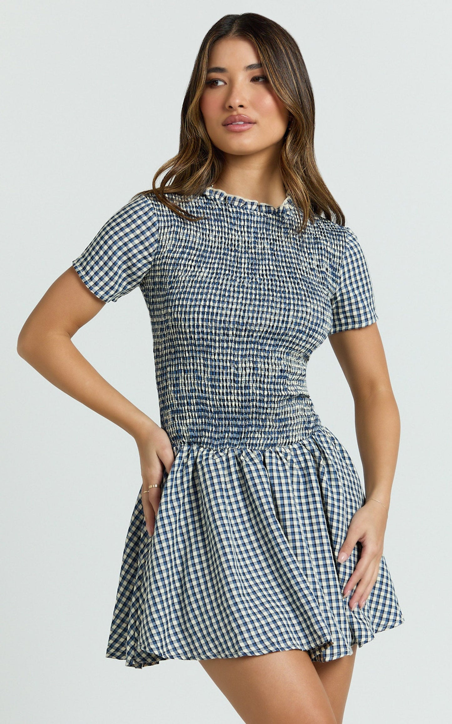 Kristen Mini Dress - Short Sleeve Smocked T-Shirt Dress in Navy