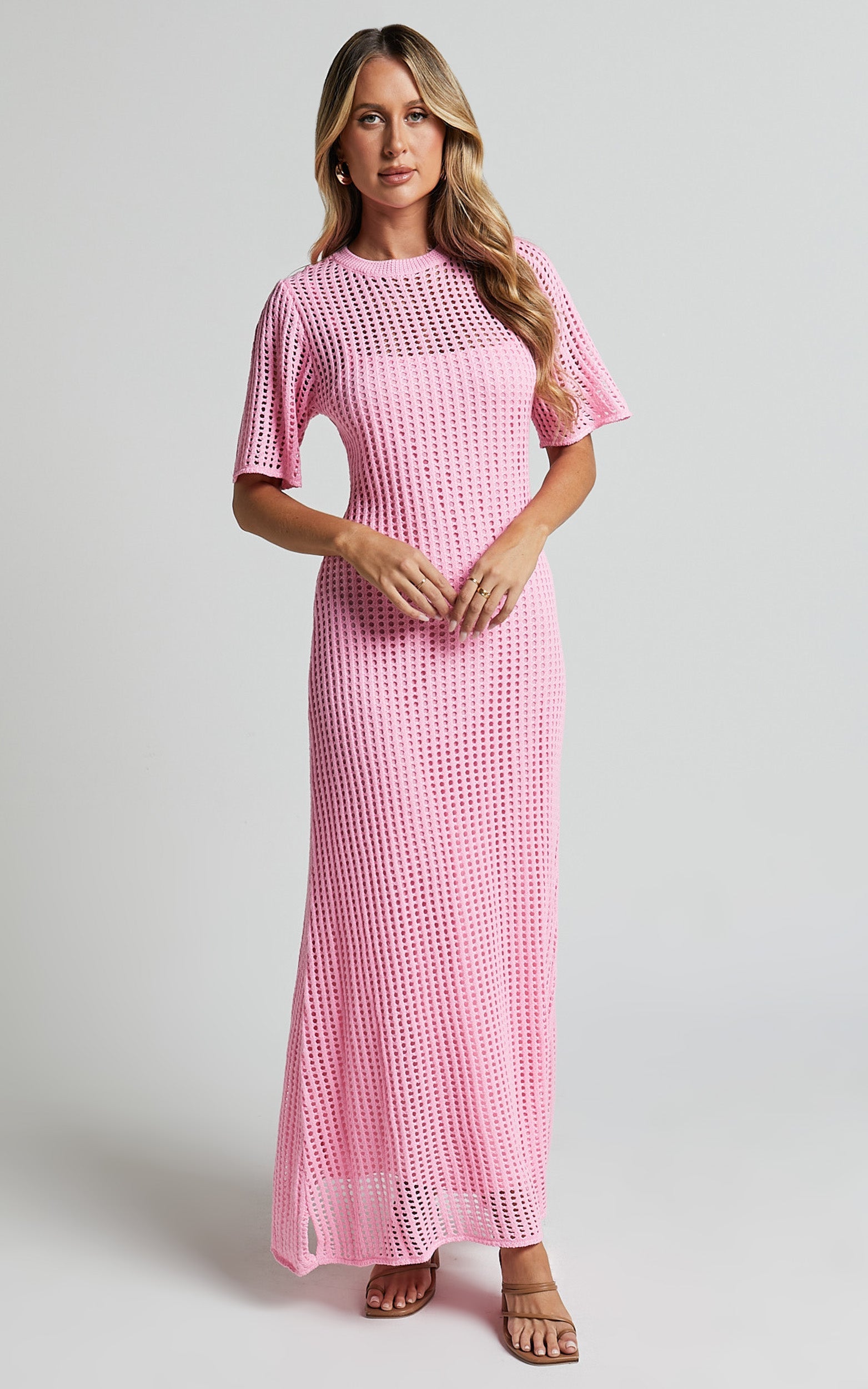 Kristy Midi Dress - Crew Neck Crochet Knitted Midi Dress in Pink
