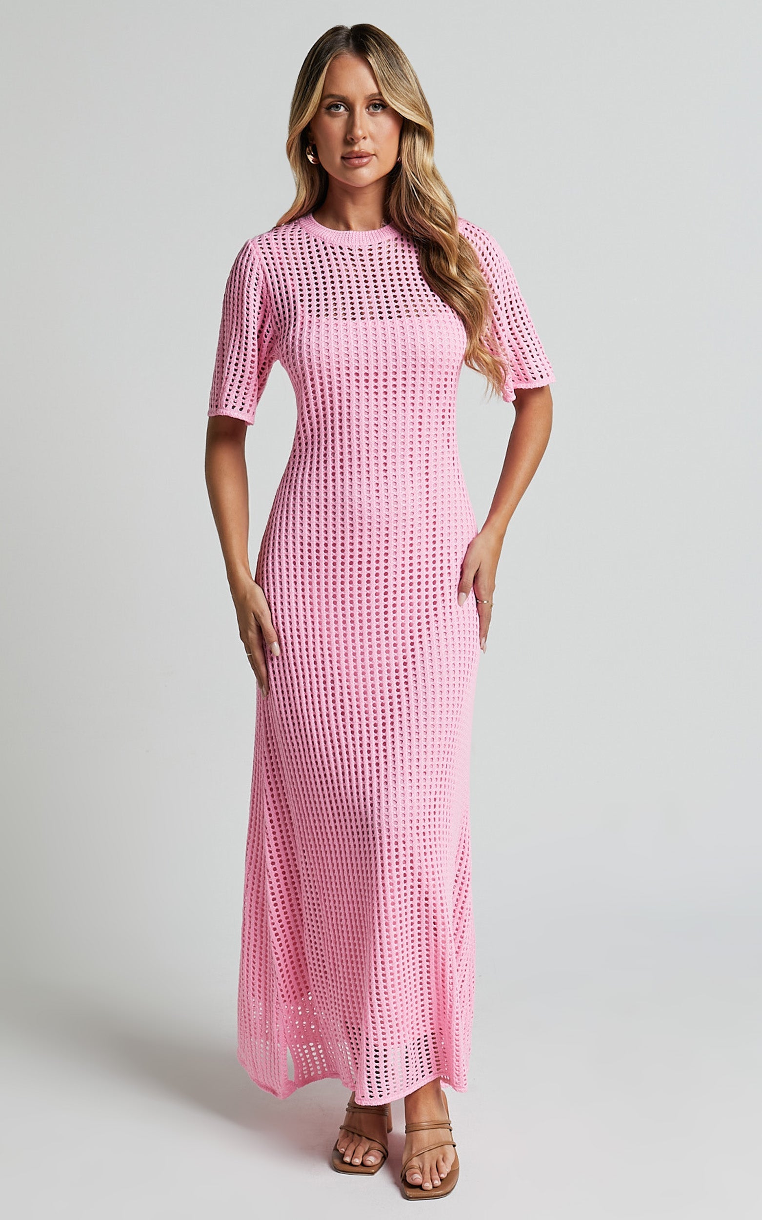 Kristy Midi Dress - Crew Neck Crochet Knitted Midi Dress in Pink