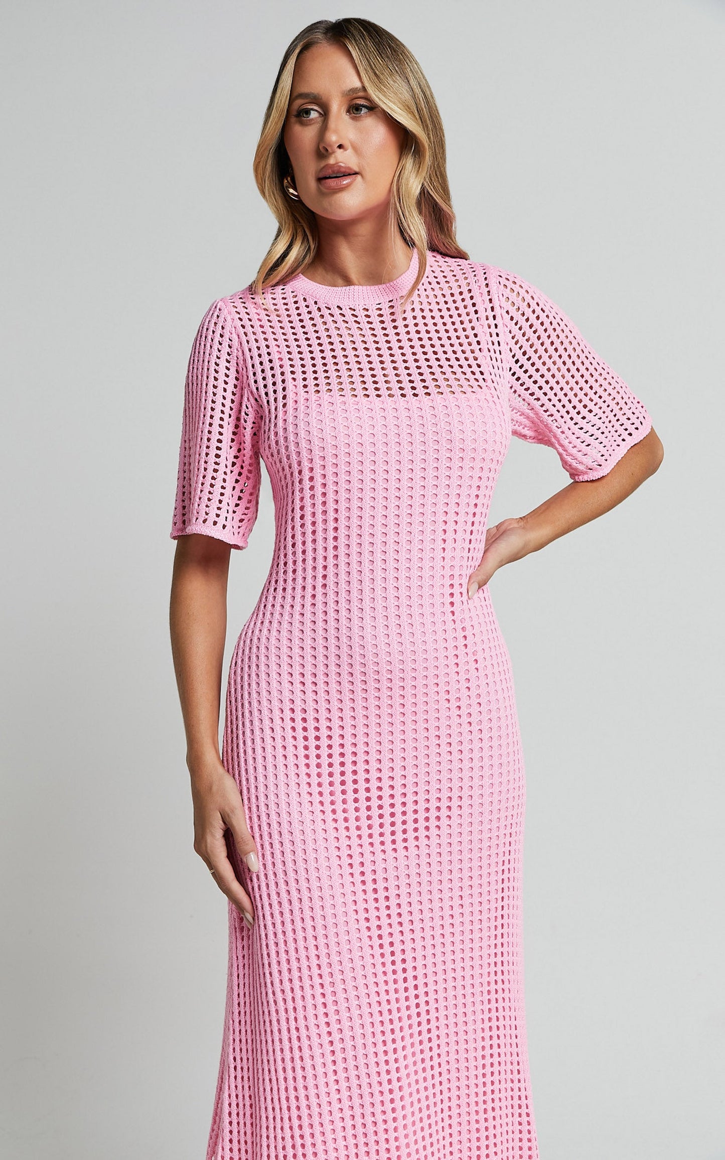 Kristy Midi Dress - Crew Neck Crochet Knitted Midi Dress in Pink