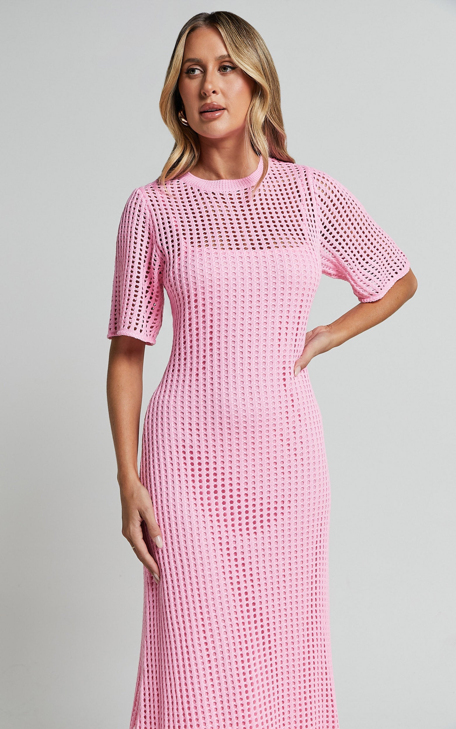 Kristy Midi Dress - Crew Neck Crochet Knitted Midi Dress in Pink