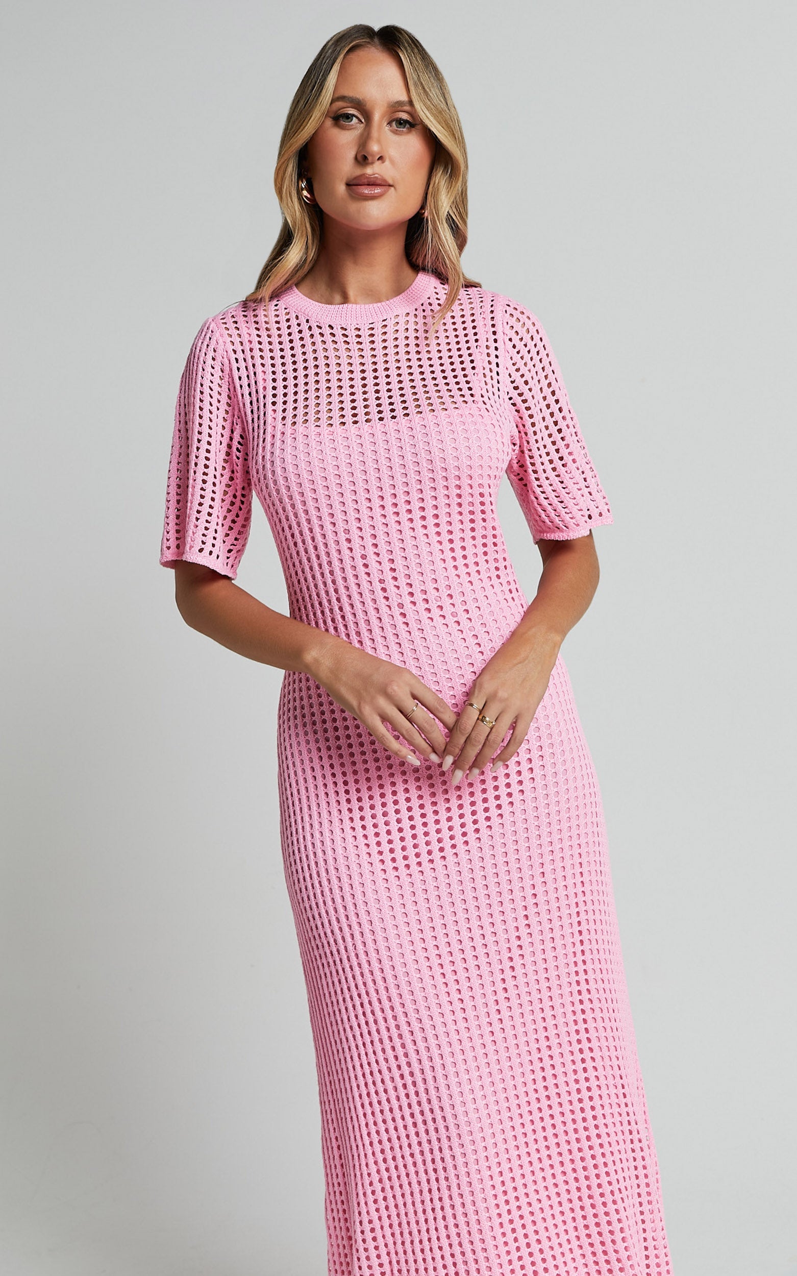 Kristy Midi Dress - Crew Neck Crochet Knitted Midi Dress in Pink