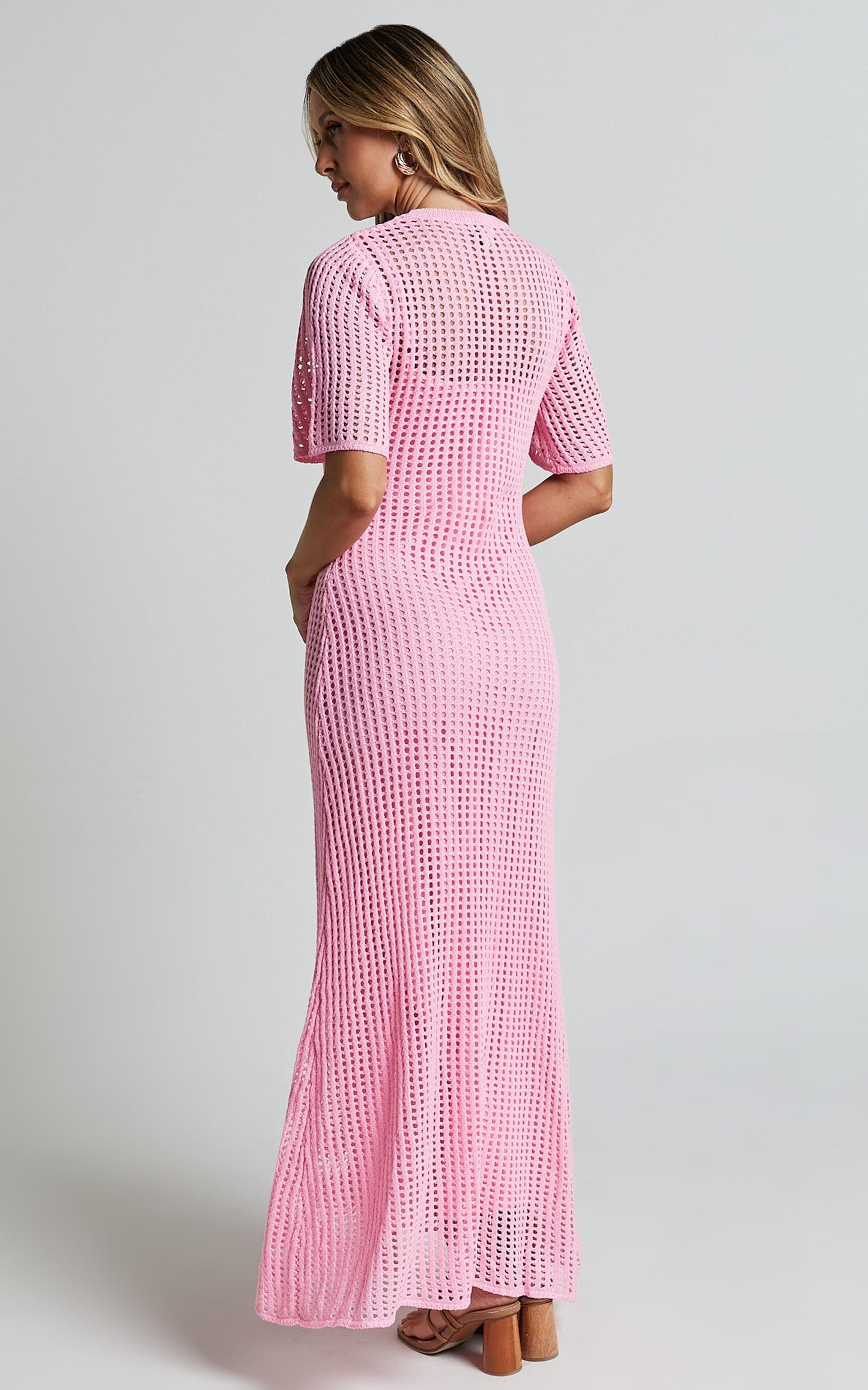 Kristy Midi Dress - Crew Neck Crochet Knitted Midi Dress in Pink