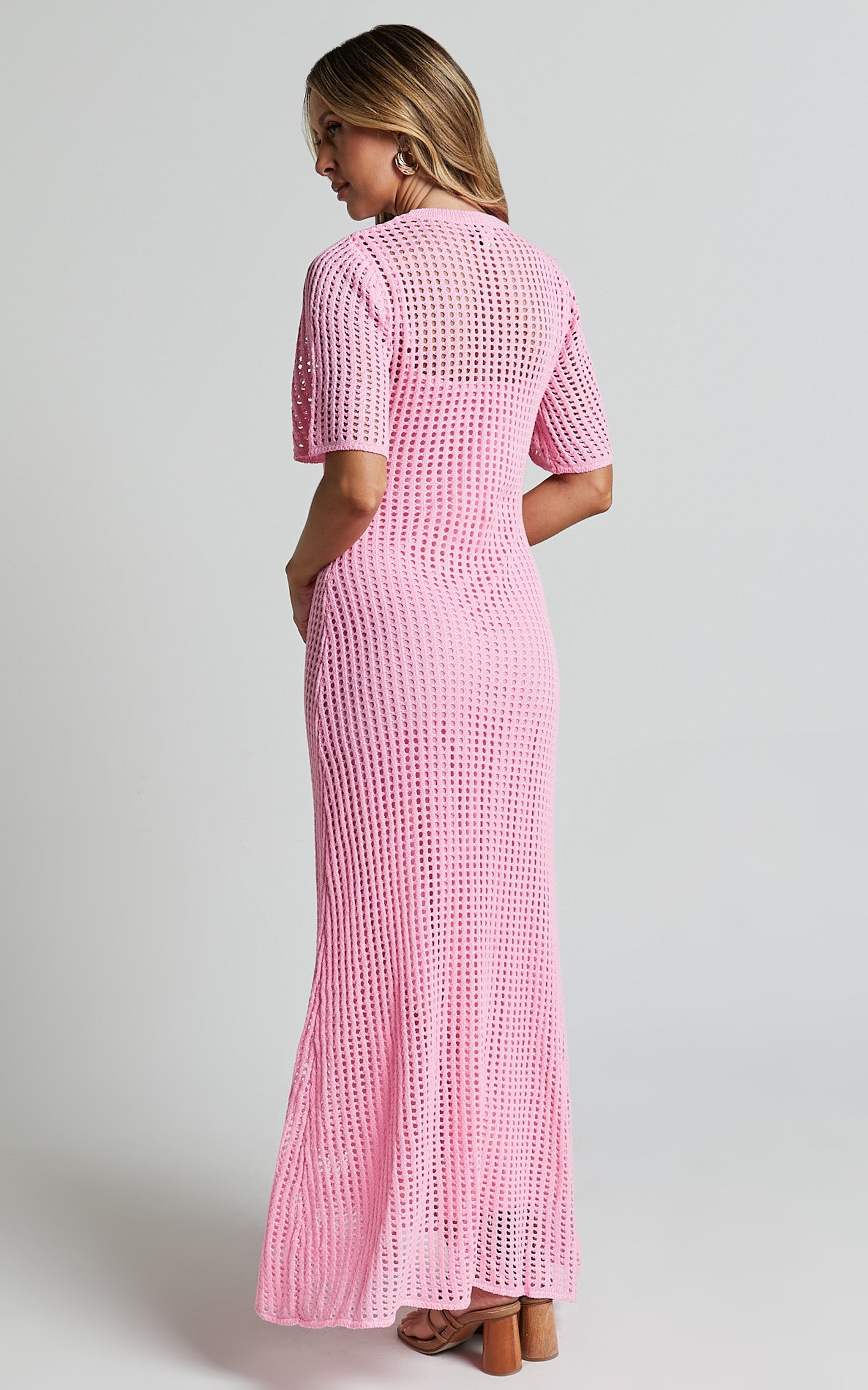 Kristy Midi Dress - Crew Neck Crochet Knitted Midi Dress in Pink