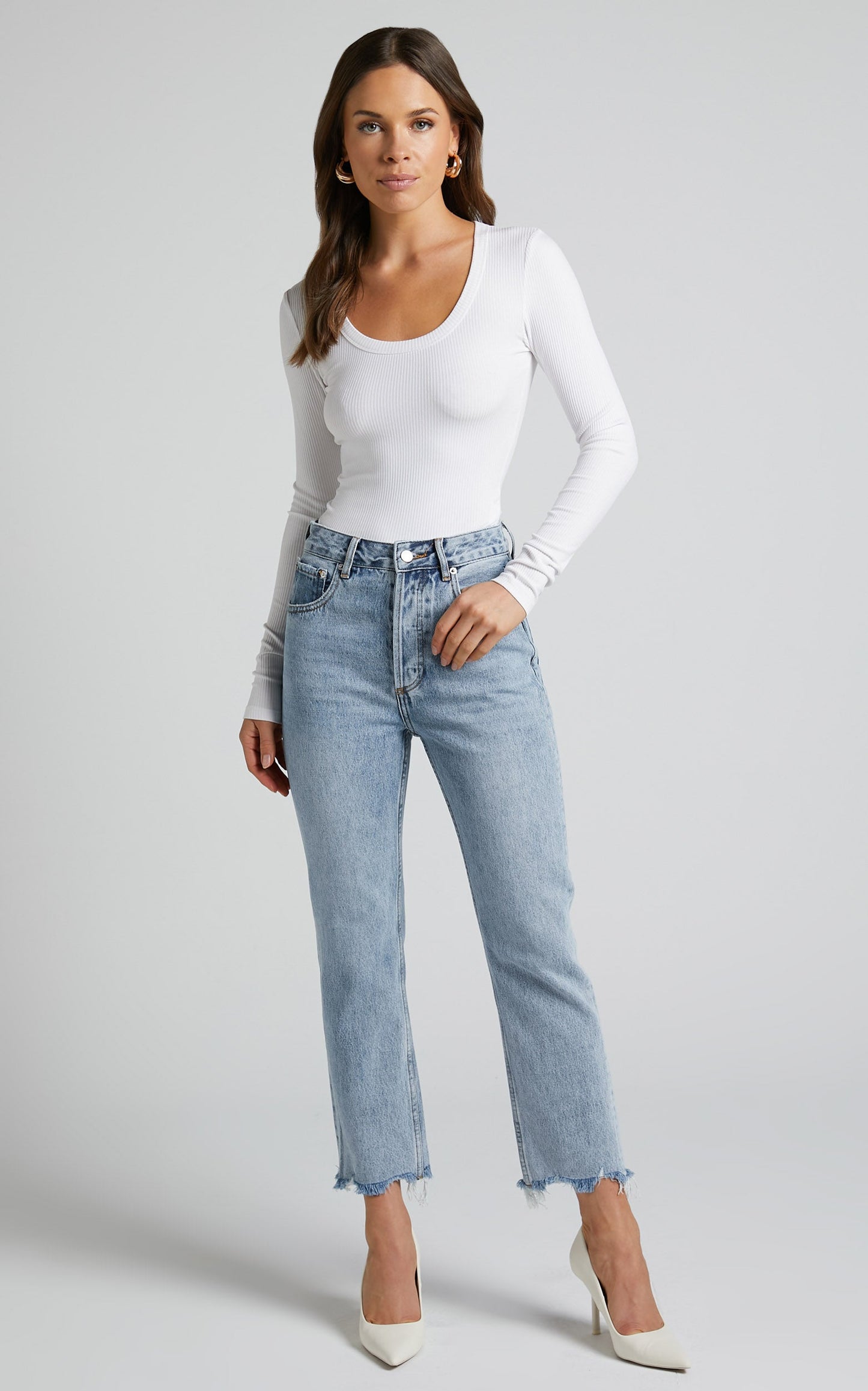 Krysta Top - Long Sleeve Scoop Neck Top in White