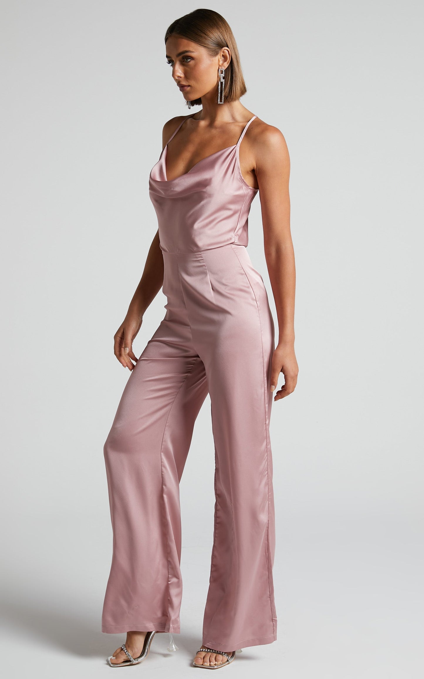 Kylene Jumpsuit - Cowl Neck Palazzo Satin Jumpsuit in Pale Pink