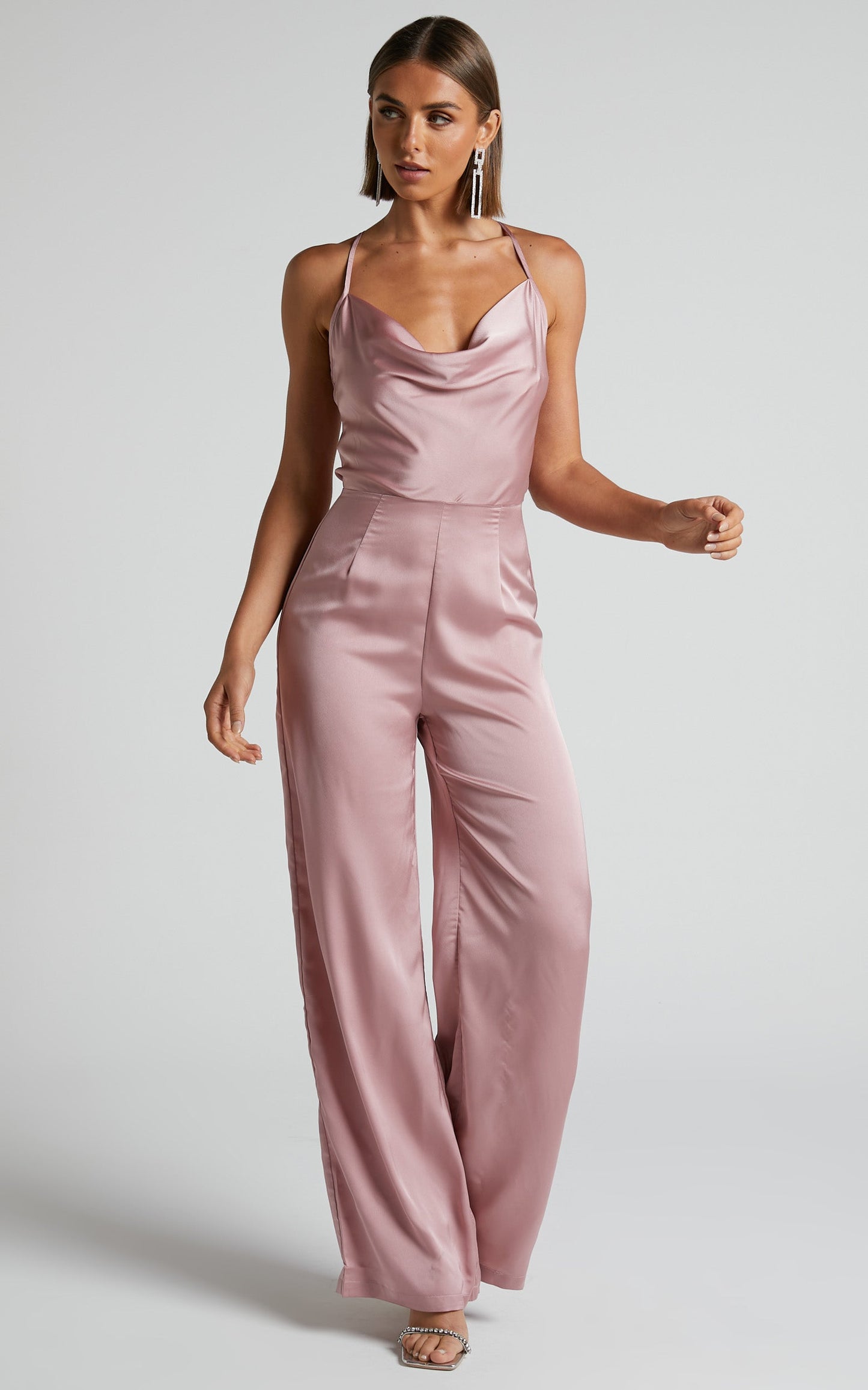 Kylene Jumpsuit - Cowl Neck Palazzo Satin Jumpsuit in Pale Pink