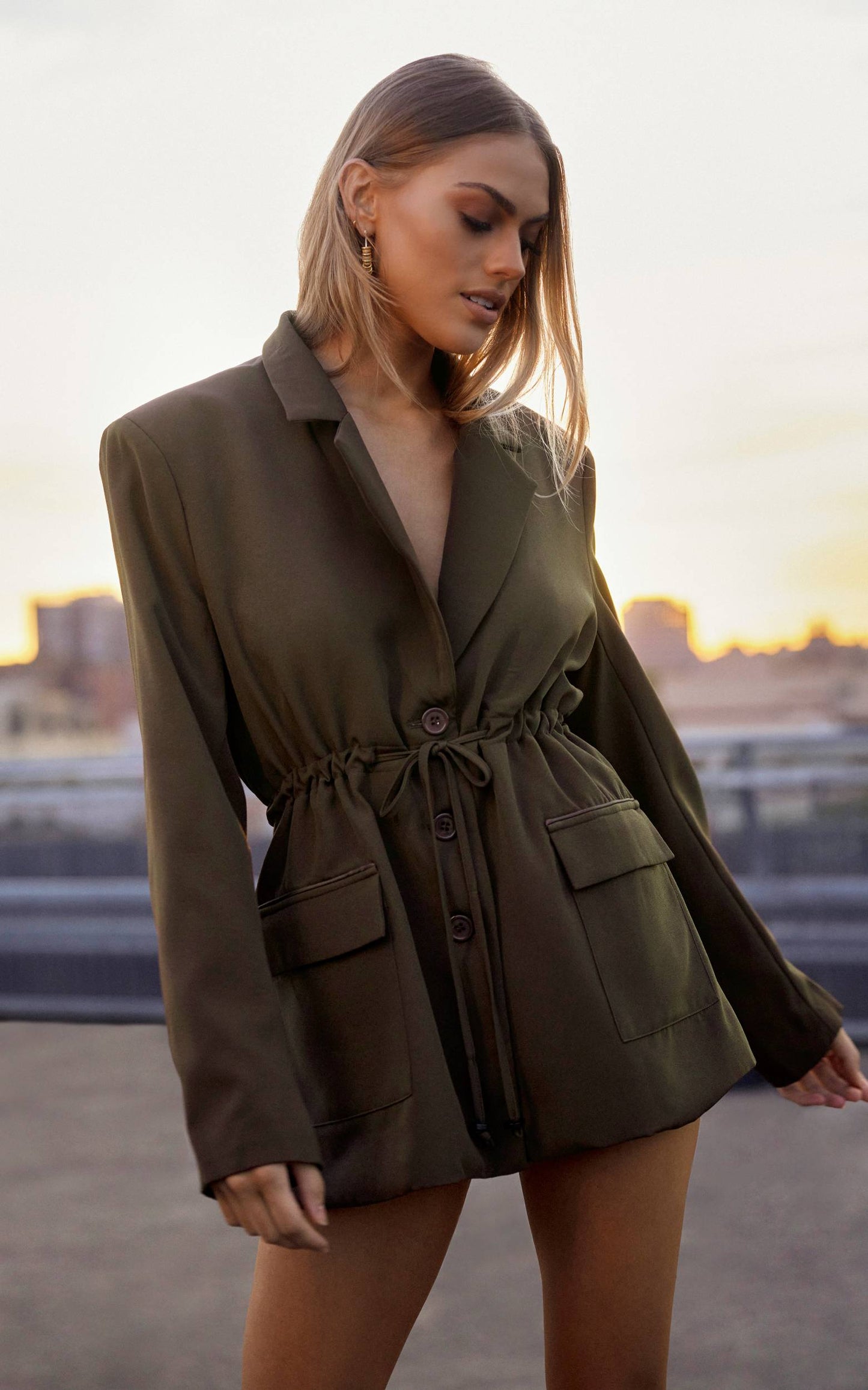 Caela Tailored Draw Cord Blazer in Khaki