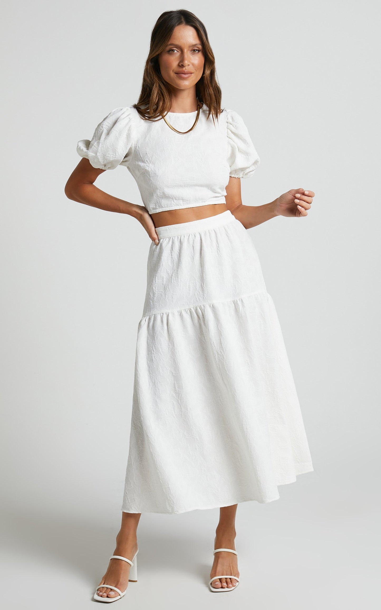 Leila Two Piece Set - Puff Sleeve Top and Midi Skirt Set in White