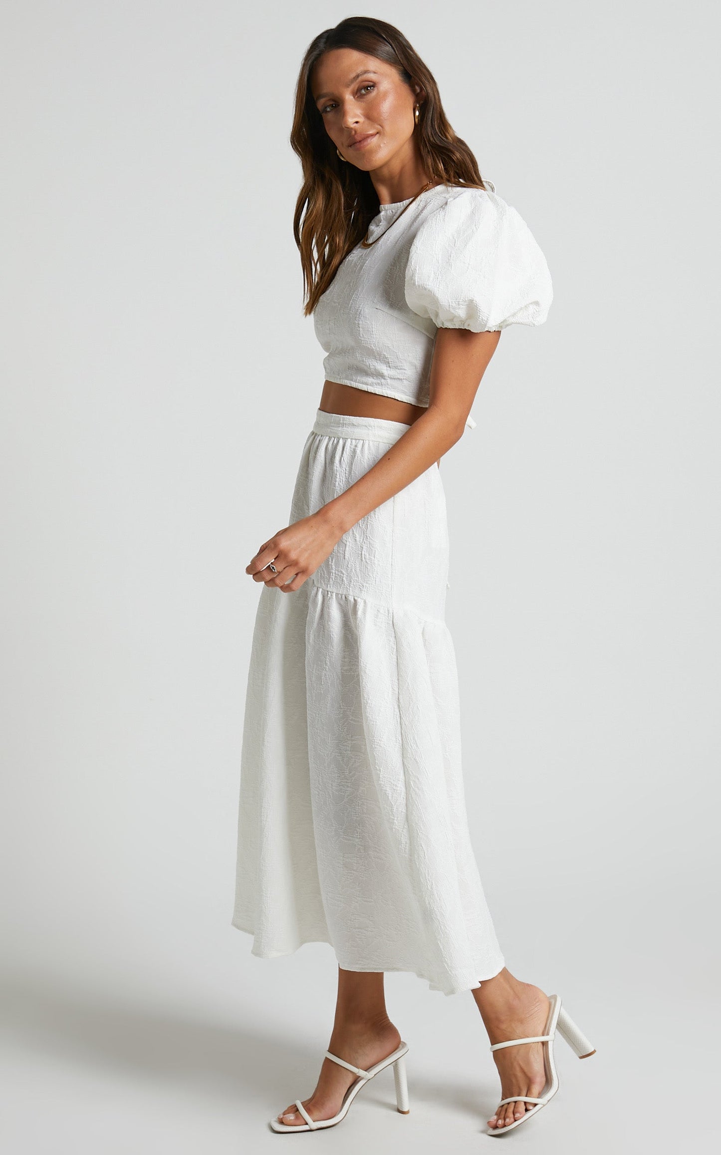 Leila Two Piece Set - Puff Sleeve Top and Midi Skirt Set in White