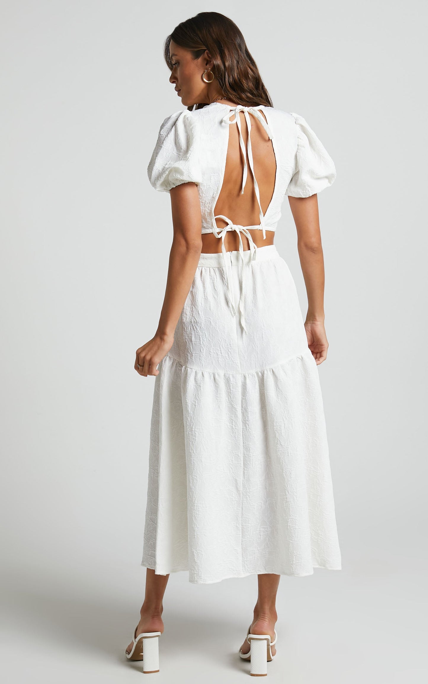 Leila Two Piece Set - Puff Sleeve Top and Midi Skirt Set in White