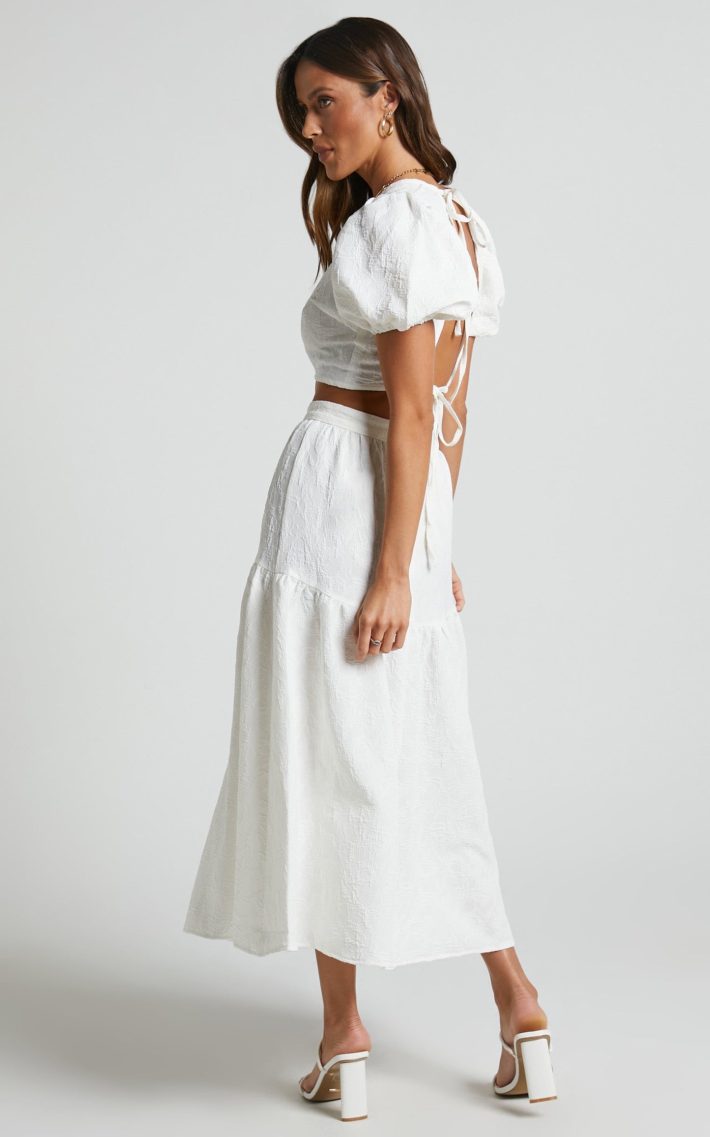 Leila Two Piece Set - Puff Sleeve Top and Midi Skirt Set in White