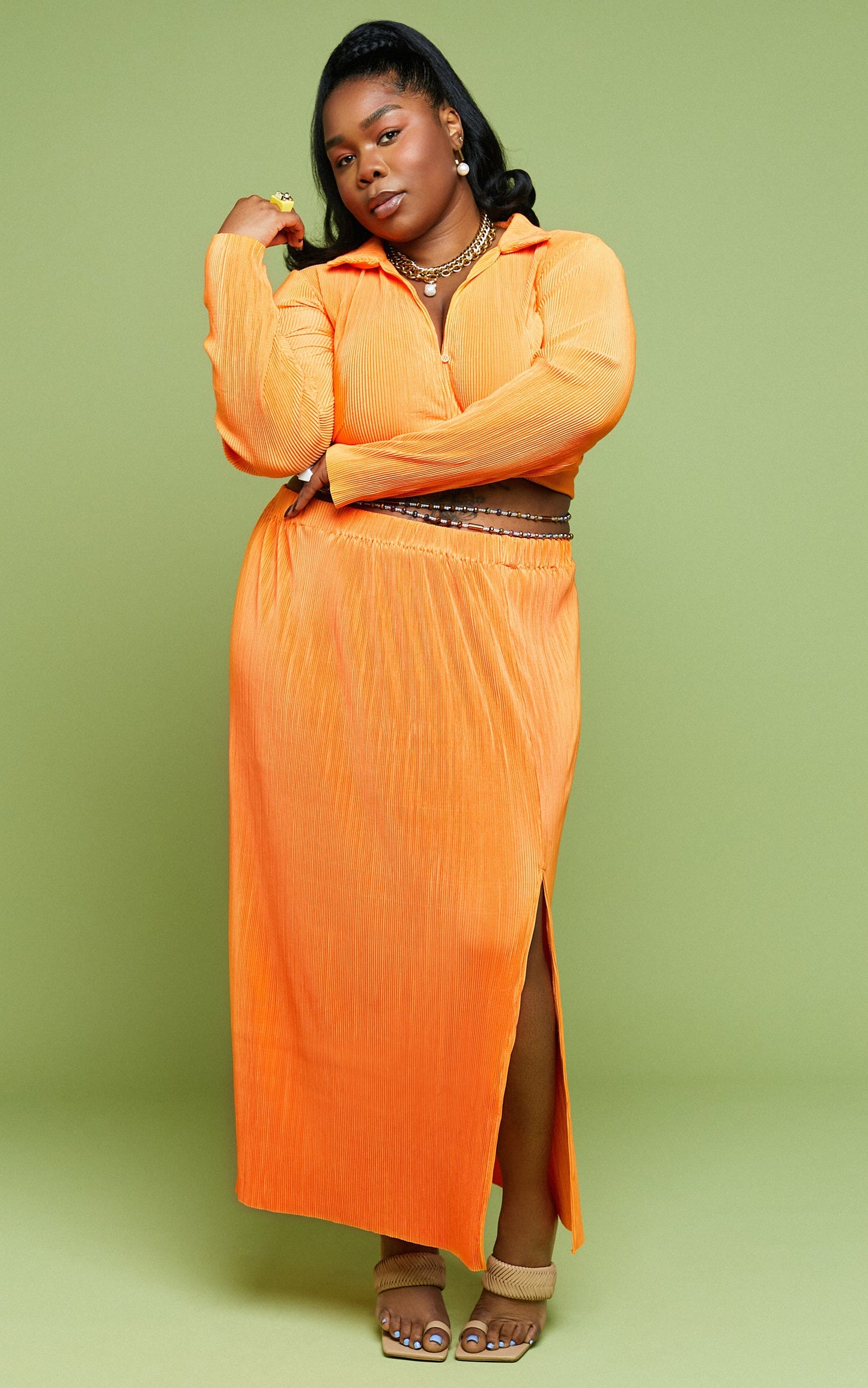 Amarante Midi Skirt - Side Split Plisse Skirt in Orange
