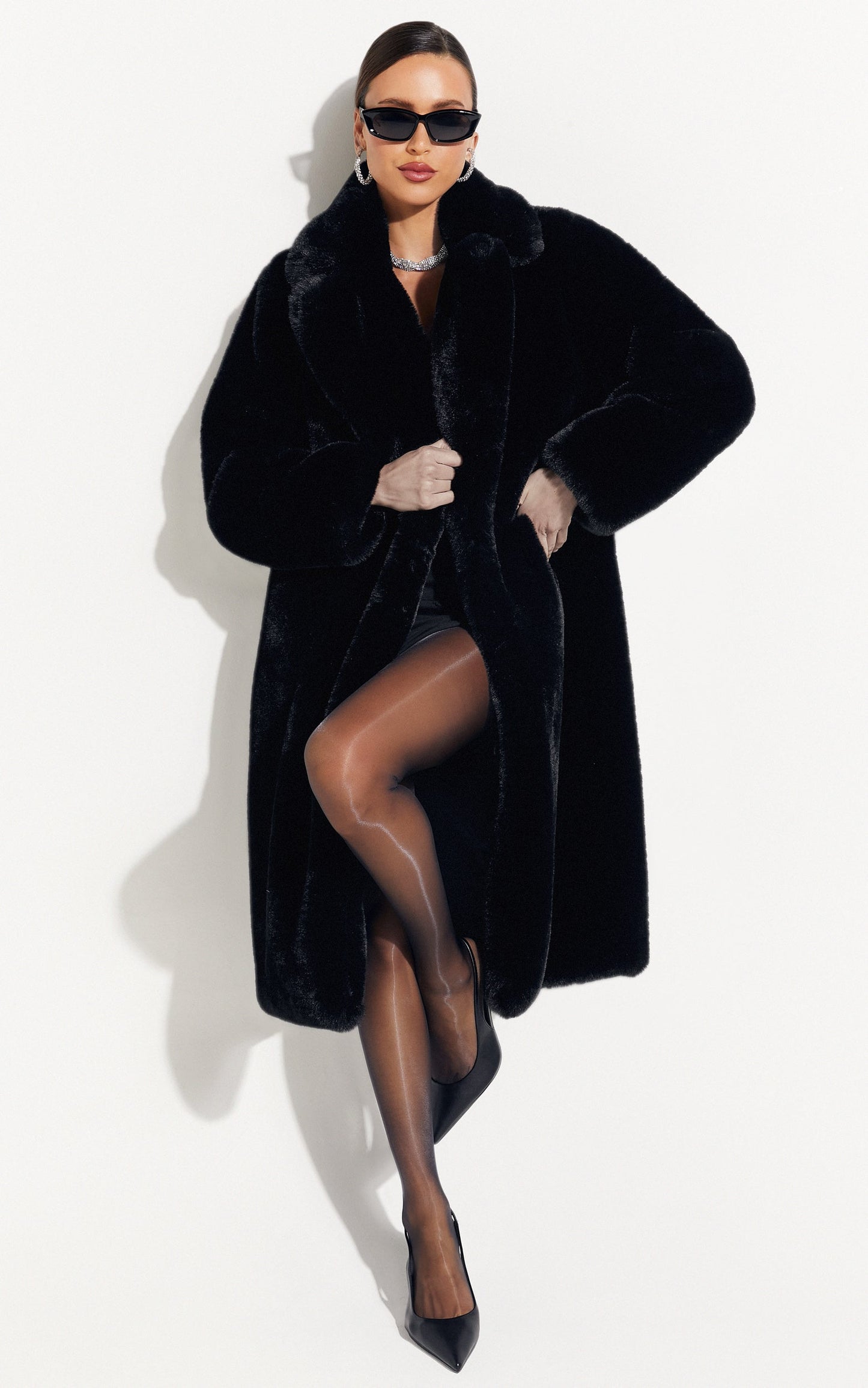 Maxwell Coat - Long Line Faux Fur Coat in Black