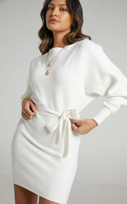 La Fleur Mini Dress - Long Sleeve Knit Dress in Cream