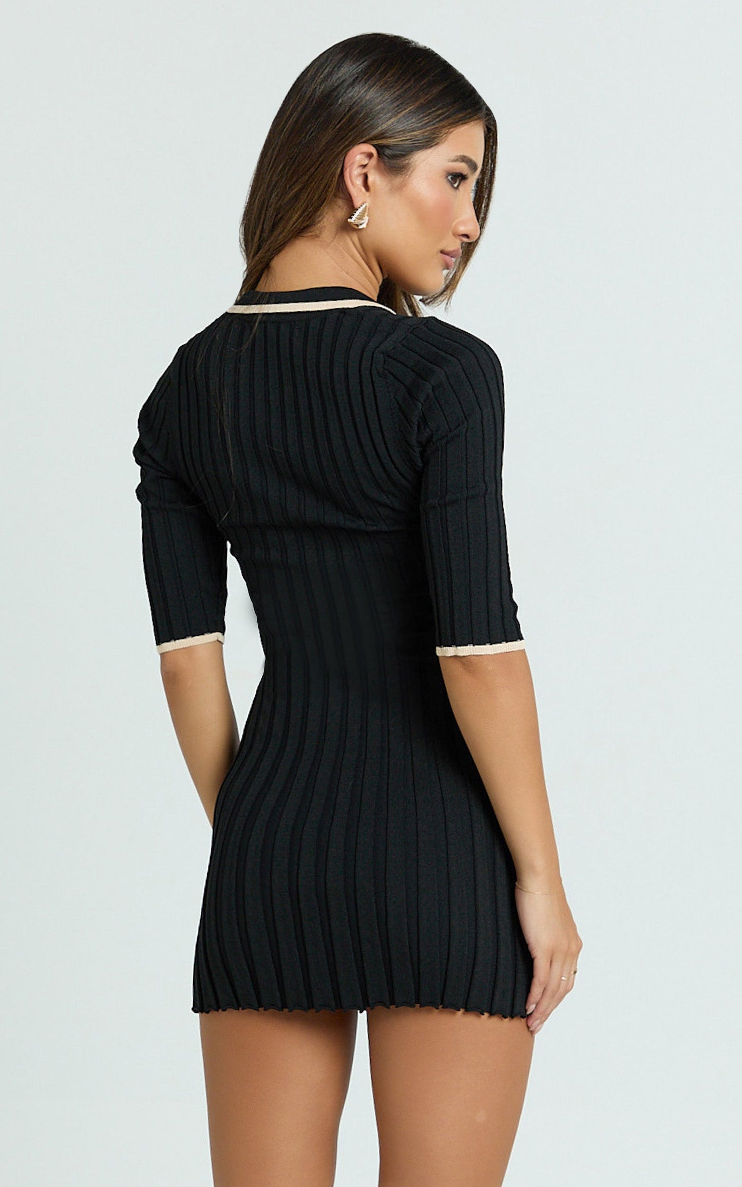 Lada Mini Dress - Short Sleeve Button Front Knit Dress in Black