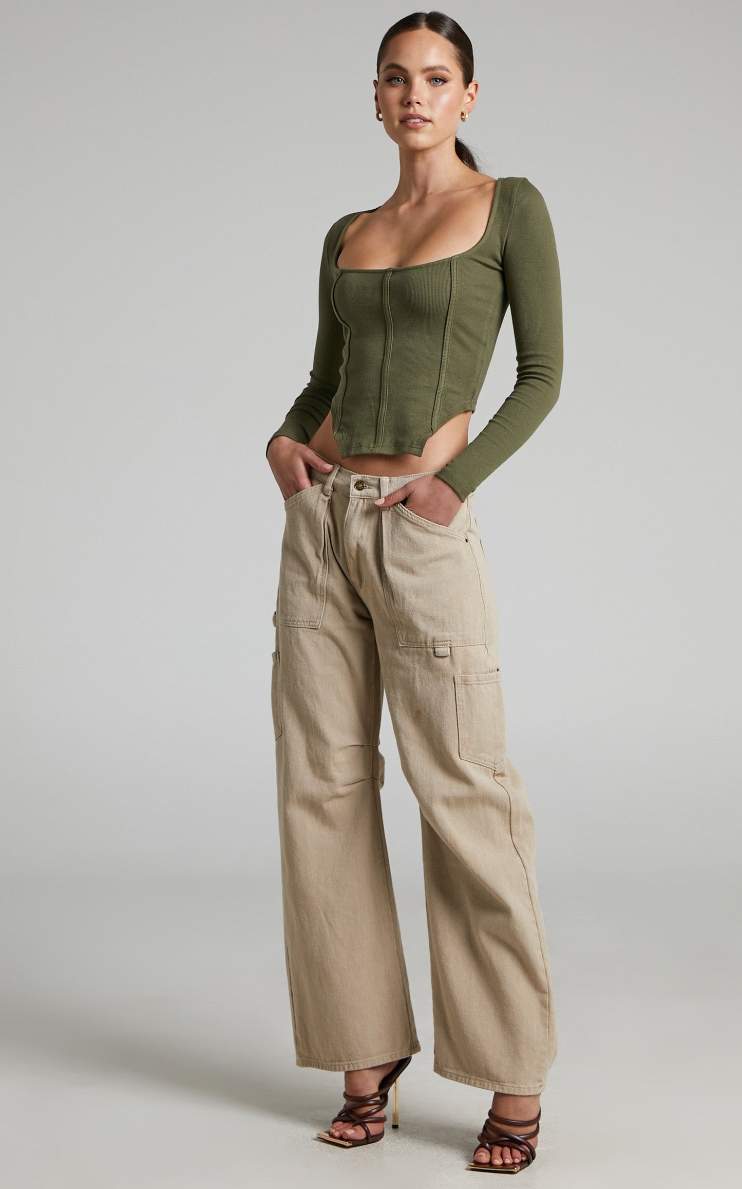 Laduree Top - Long Sleeve Corset Crop Top in Khaki
