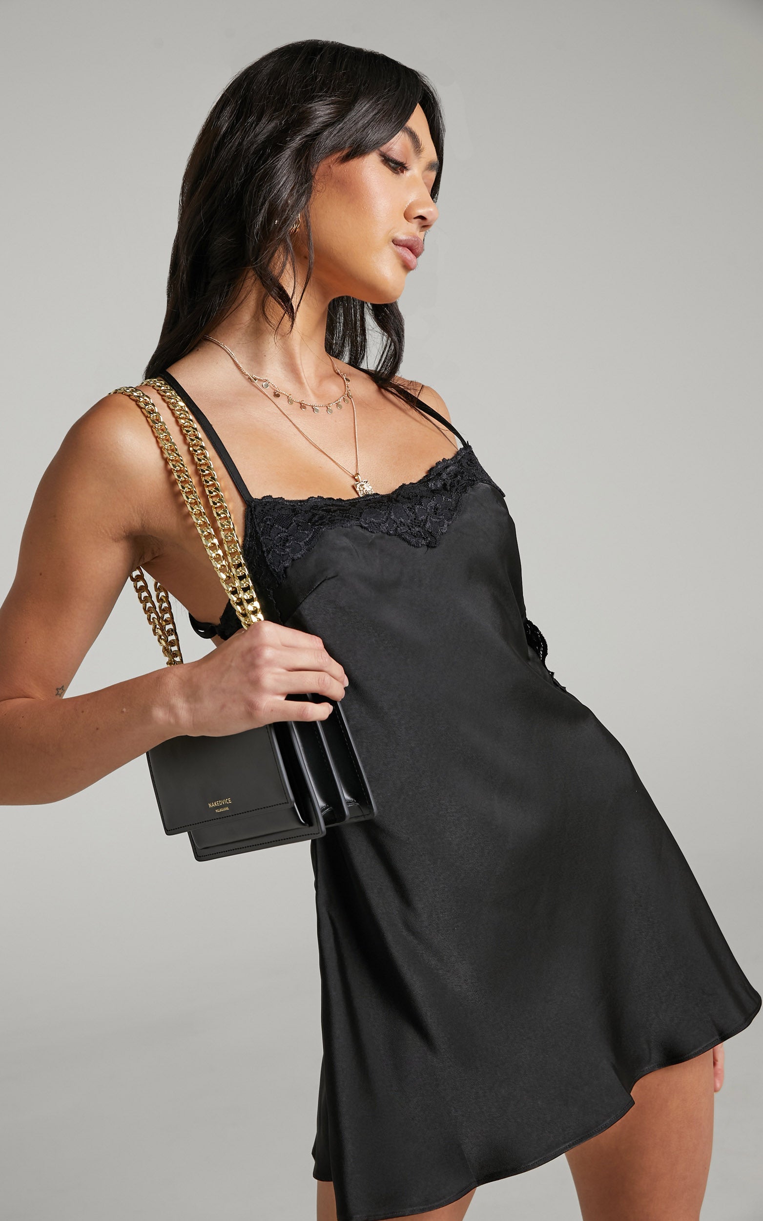 Lailah Lace Trim Open Back Mini Slip Dress in Black