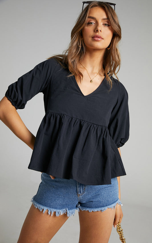 Lallen Smock Top with Peplum Hem in Black