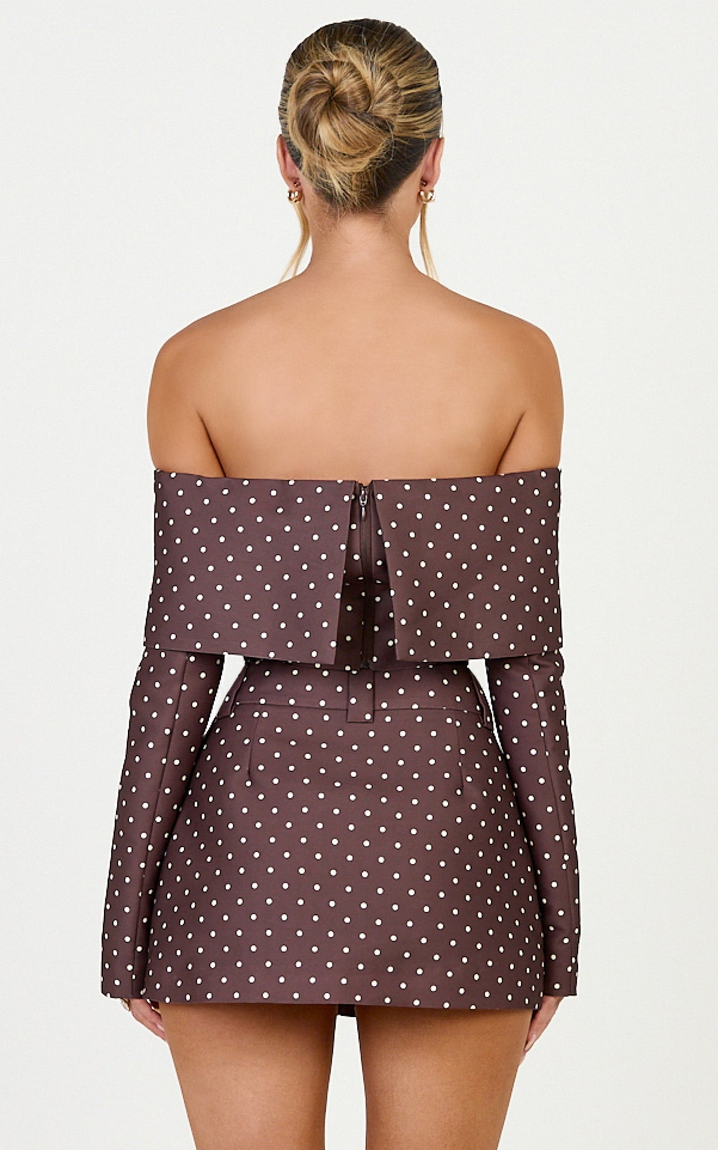 Lana Top - Long Sleeve Off Shoulder Cropped Top in Chocolate/Cream Polka Dot