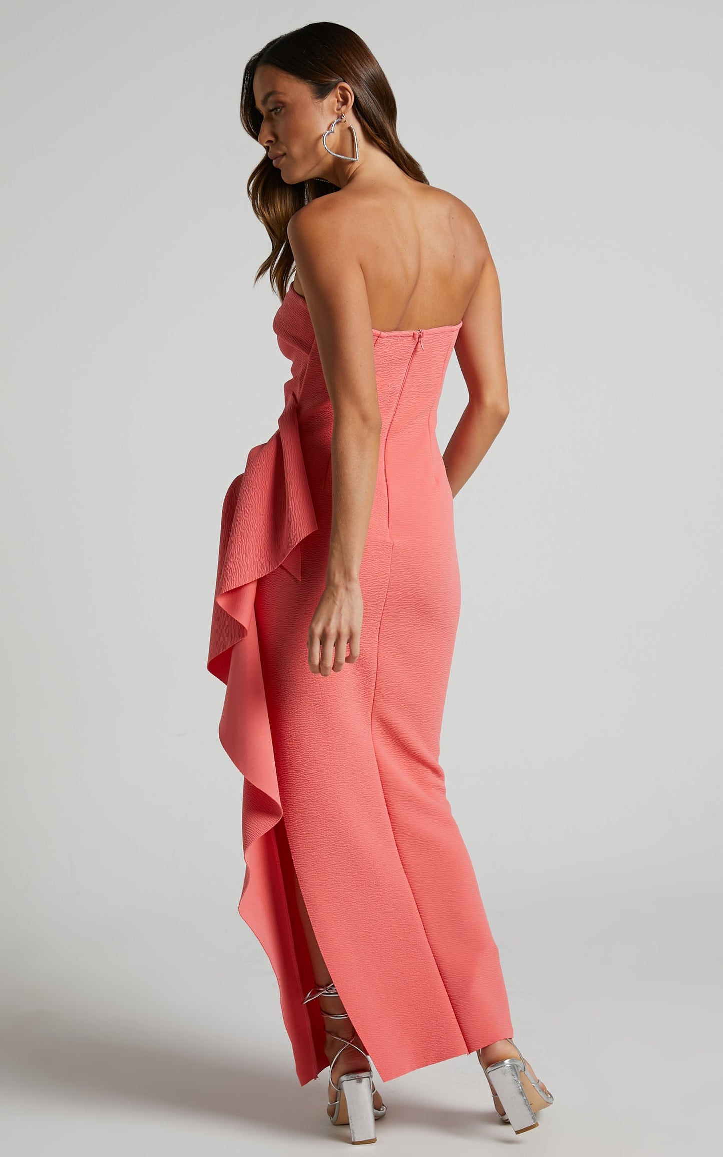 Lana Midi Dress - Twist Bust Strapless Gathered Frill Dress in Watermelon