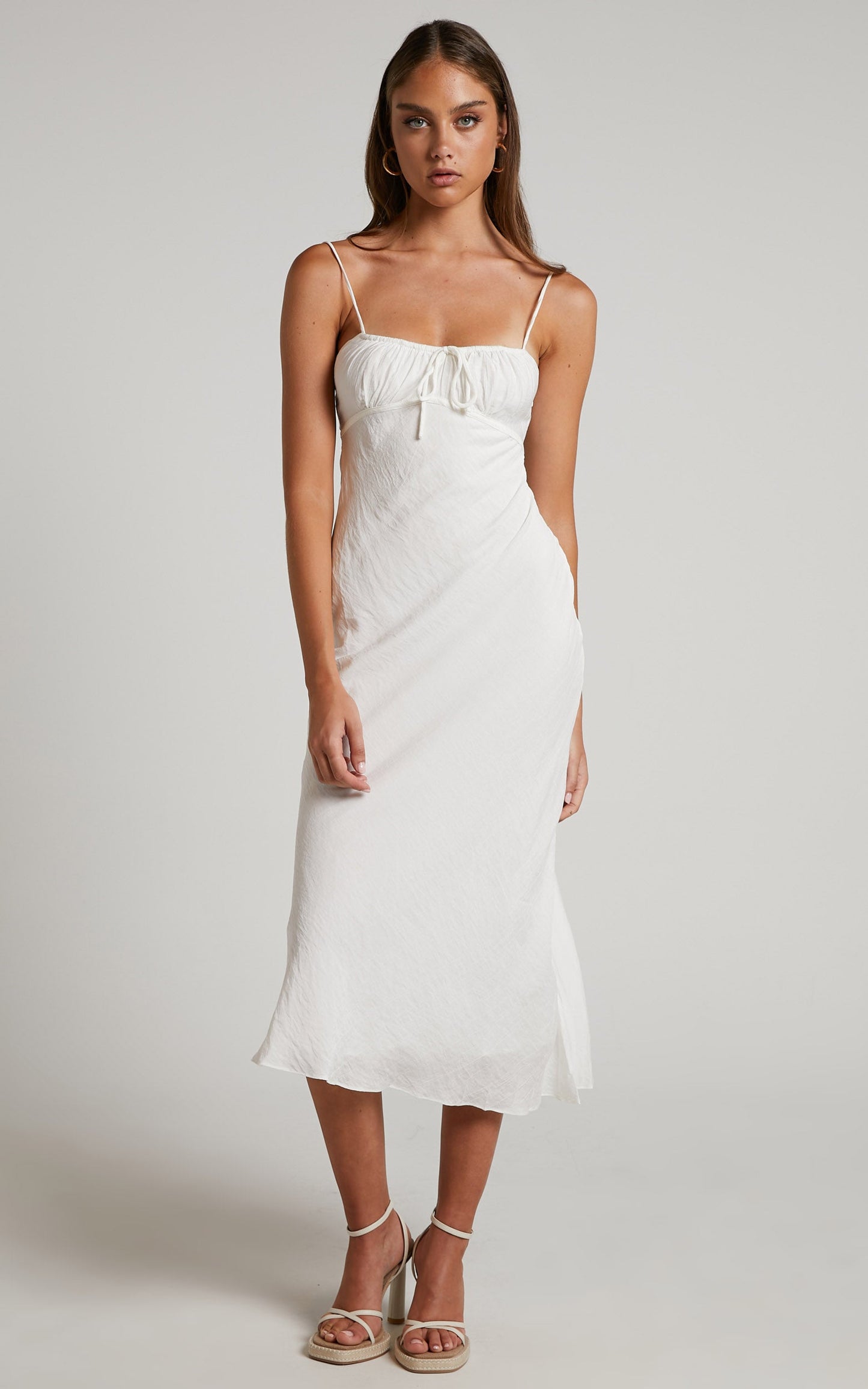Lancey Midi Dress - Ruched Bust Tie Front Dress in White