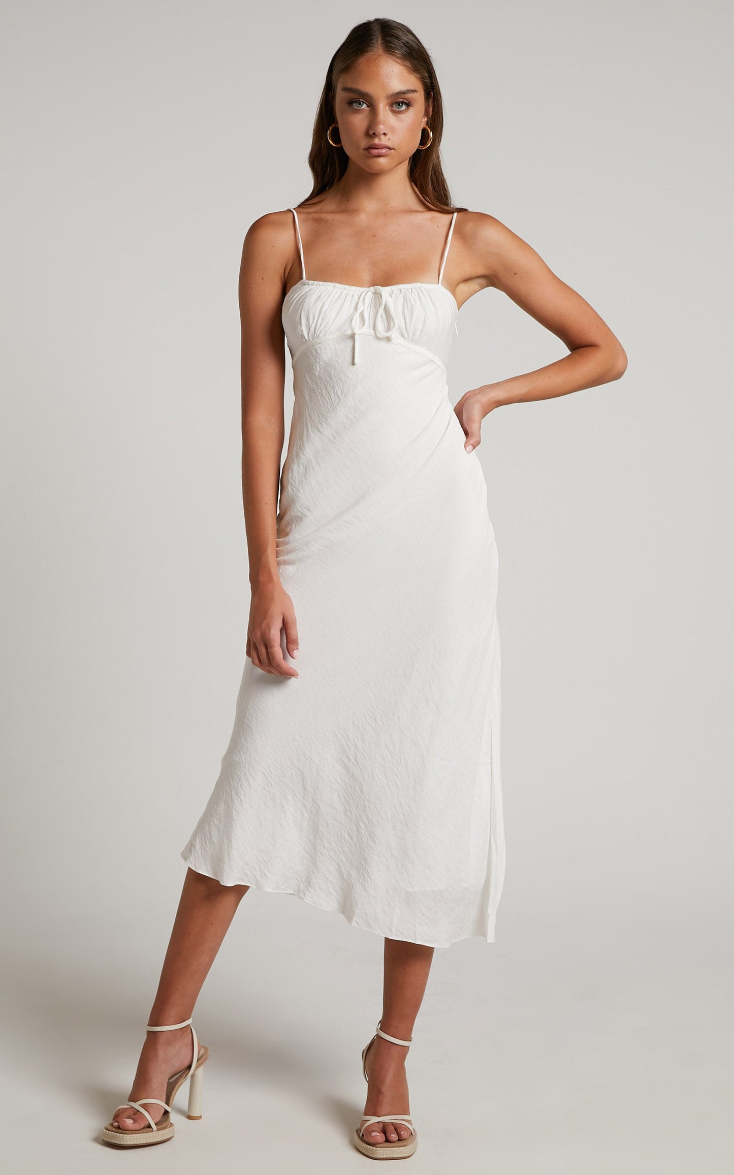 Lancey Midi Dress - Ruched Bust Tie Front Dress in White