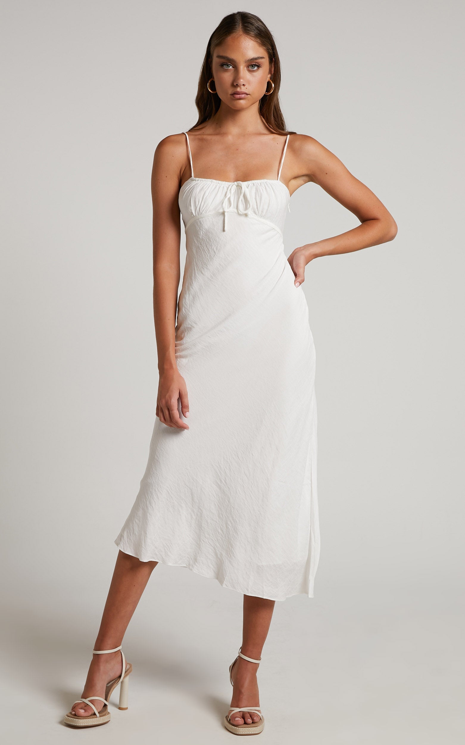 Lancey Midi Dress - Ruched Bust Tie Front Dress in White