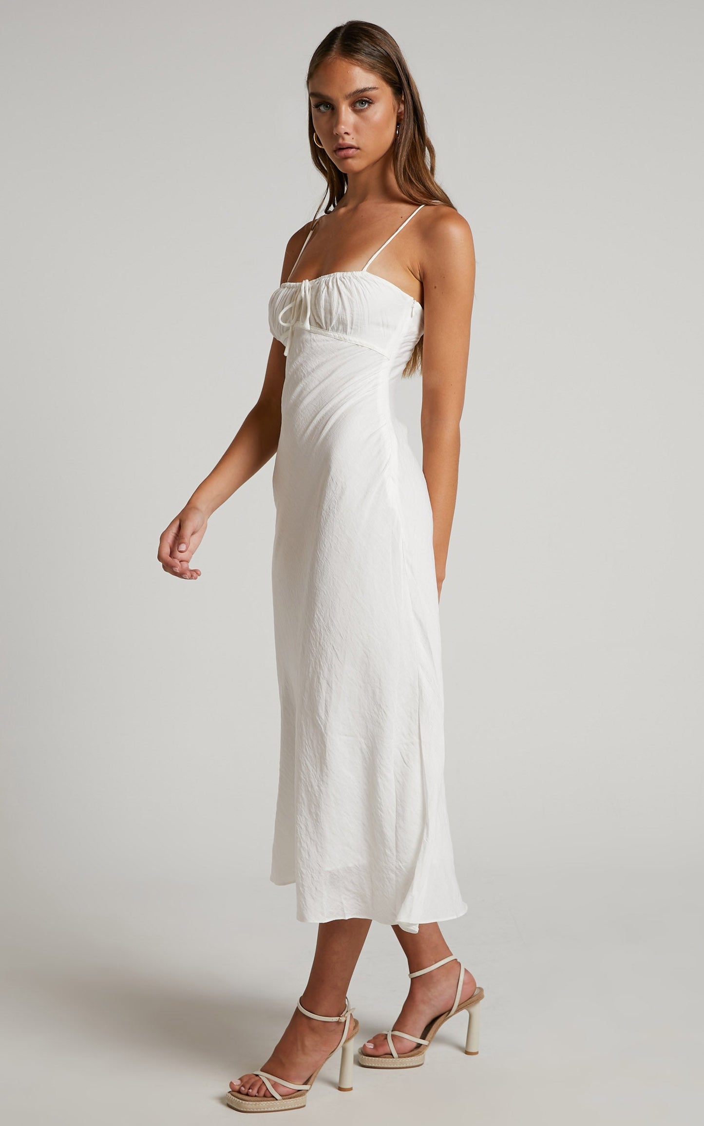 Lancey Midi Dress - Ruched Bust Tie Front Dress in White